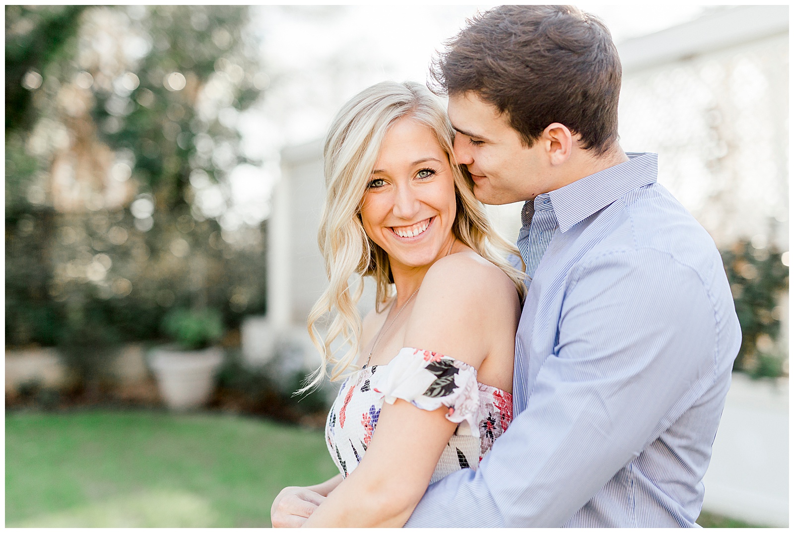 Adorable Couple Posing Outdoors in Gorgeous Light and Airy Separk Mansion Engagement Session - classy cute floral maxi dress outfit ideas