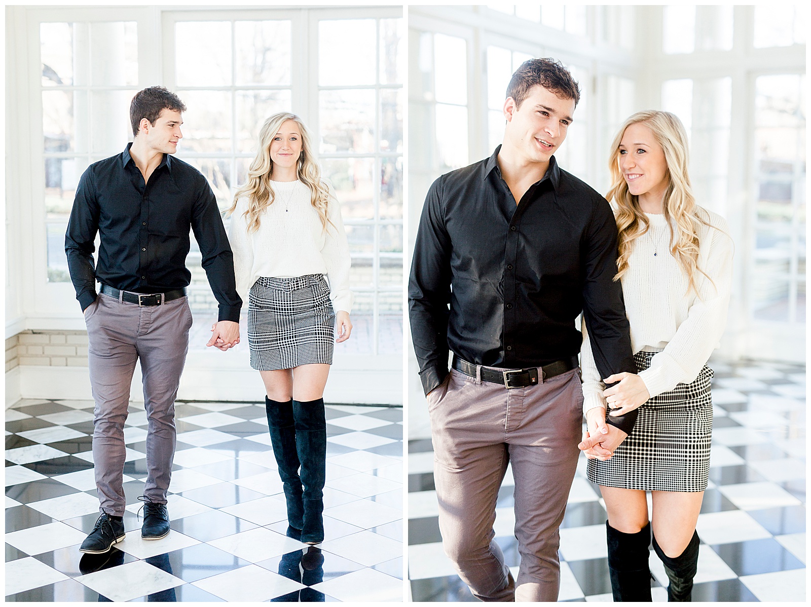 Adorable Couple Posing in Gorgeous Light and Airy Separk Mansion Engagement Session - classy cute white sweater pencil skirt and tall black boots outfit ideas