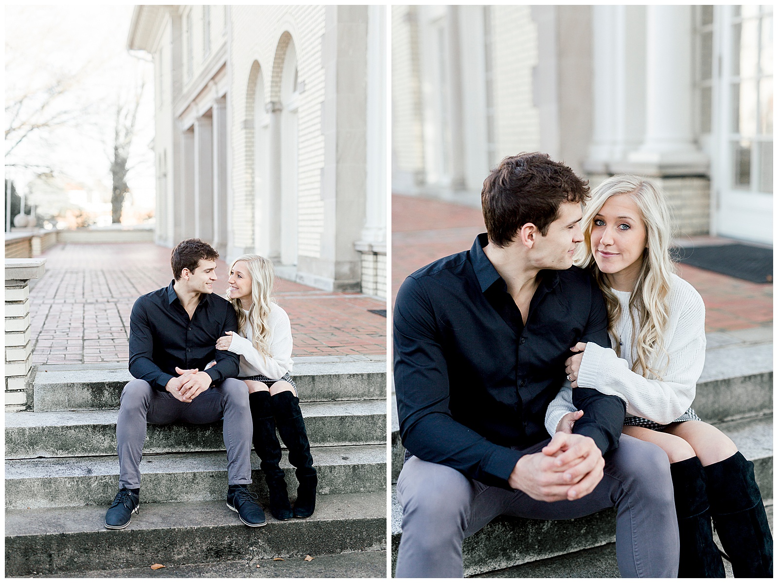 Adorable Couple Posing Outdoors in Gorgeous Light and Airy Separk Mansion Winter Engagement Session - classy cute white sweater pencil skirt and tall black boots outfit ideas