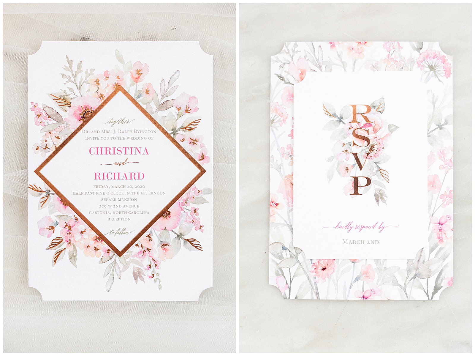 Pink Floral Wedding Invitation Suite Photos from Light and Airy Outdoor Wedding at Separk Mansion in Gastonia, NC | Kevyn Dixon Photography