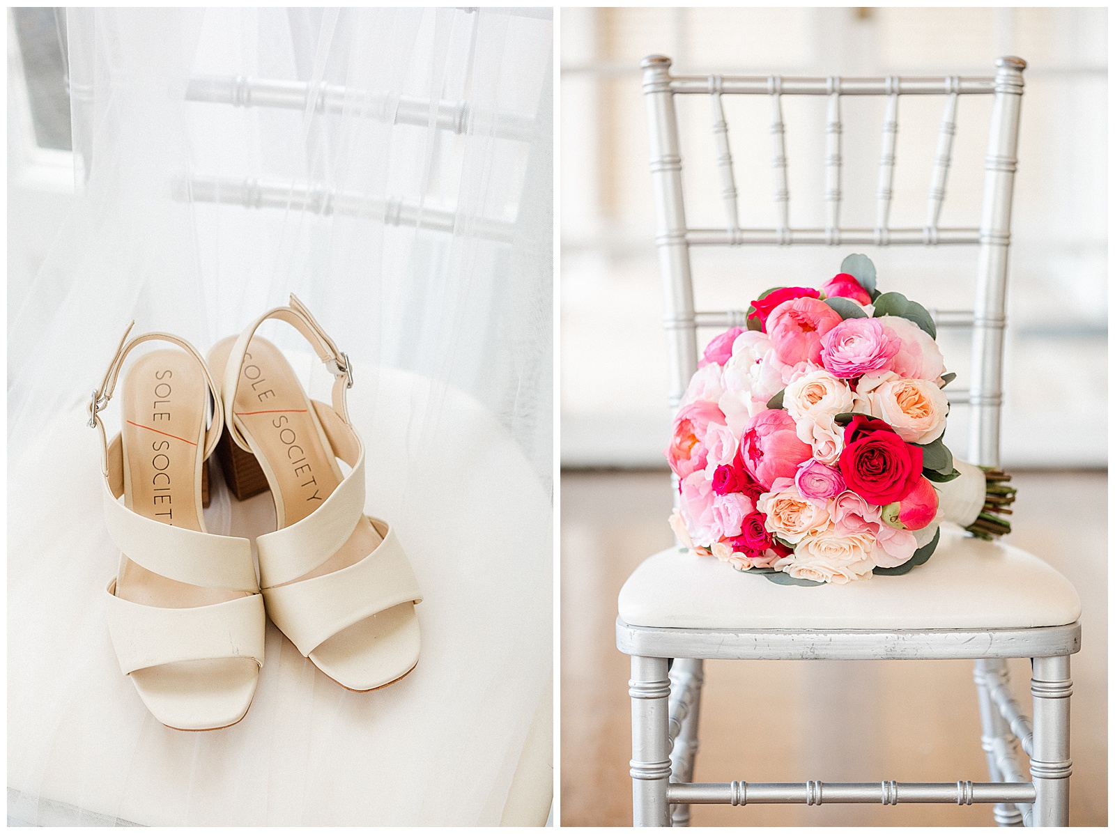 Simple Strappy High Heeled Sandals and Pink Floral Bouquet from Light and Airy Outdoor Wedding at Separk Mansion in Gastonia, NC | Kevyn Dixon Photography