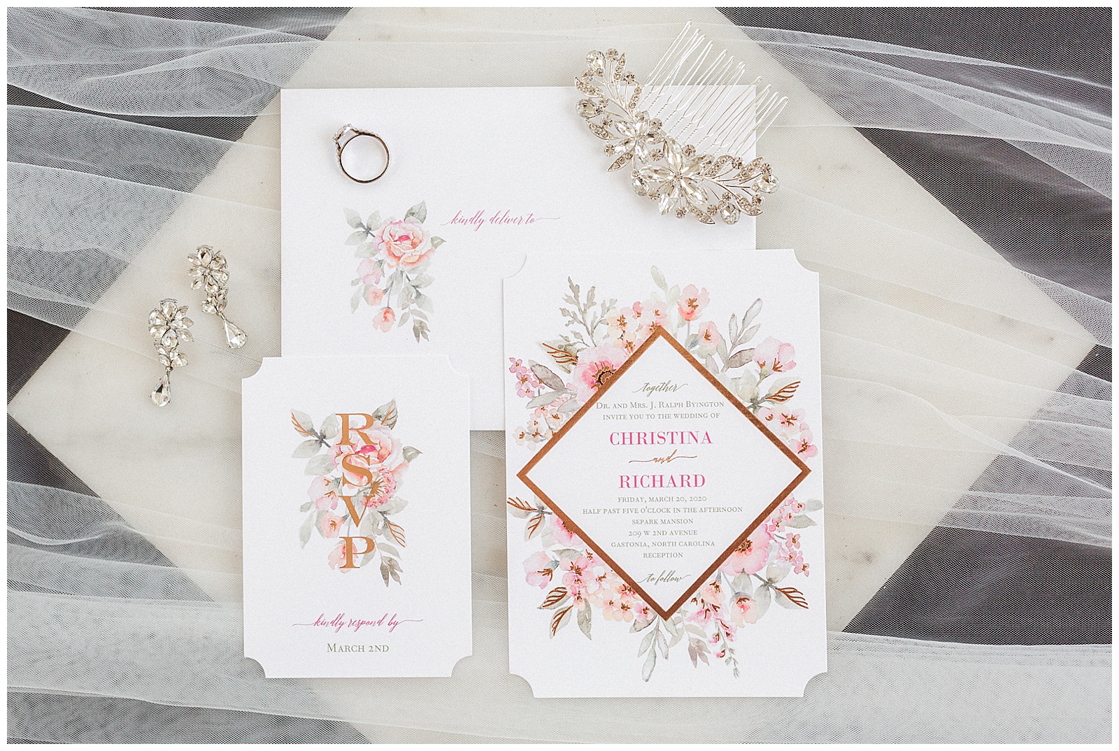 Pink Floral Wedding Invitation Suite Photos from Light and Airy Outdoor Wedding at Separk Mansion in Gastonia, NC | Kevyn Dixon Photography
