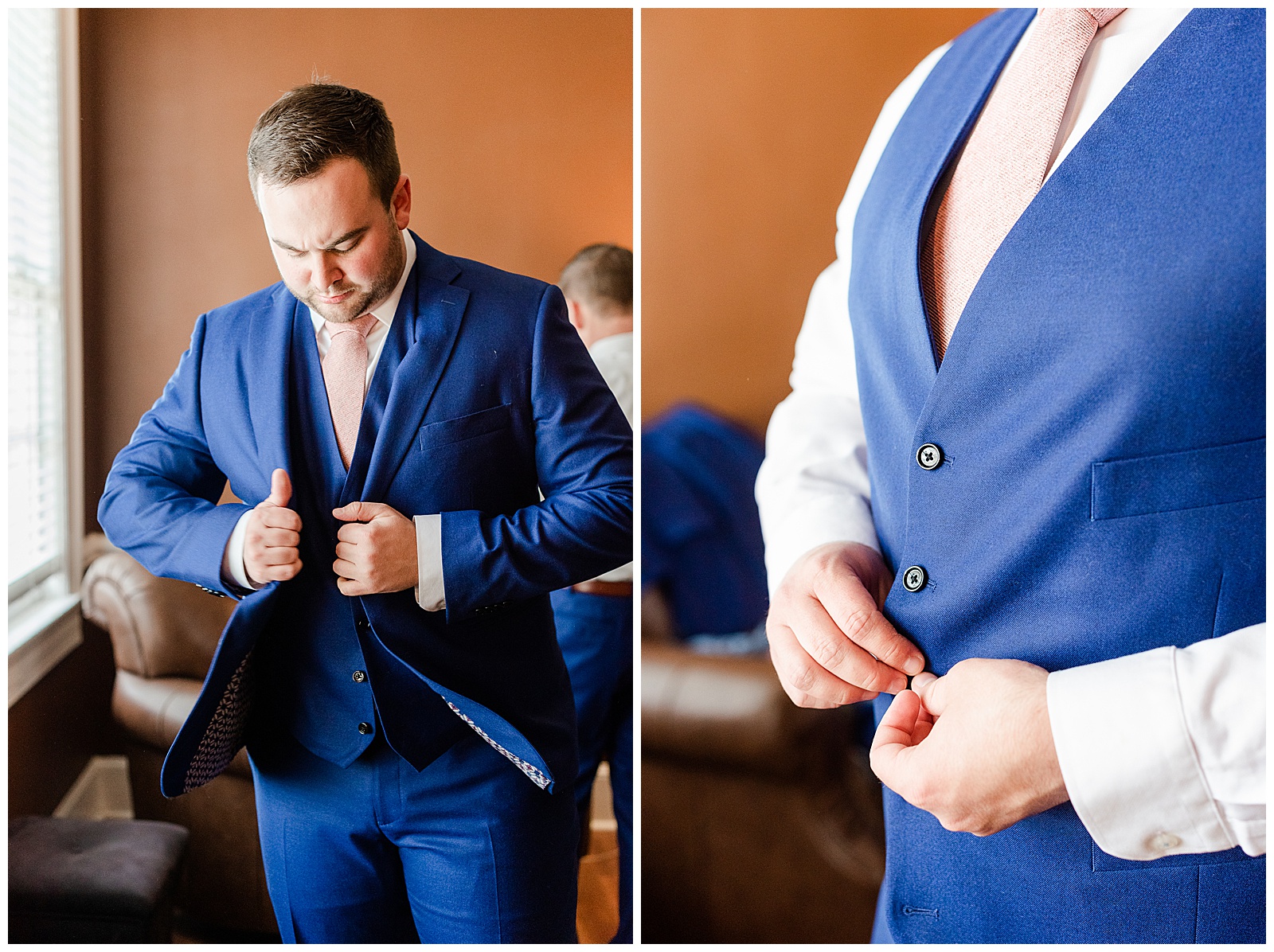 Groom Getting Ready in Navy Blue Suit from Light and Airy Outdoor Wedding at Separk Mansion in Gastonia, NC | Kevyn Dixon Photography