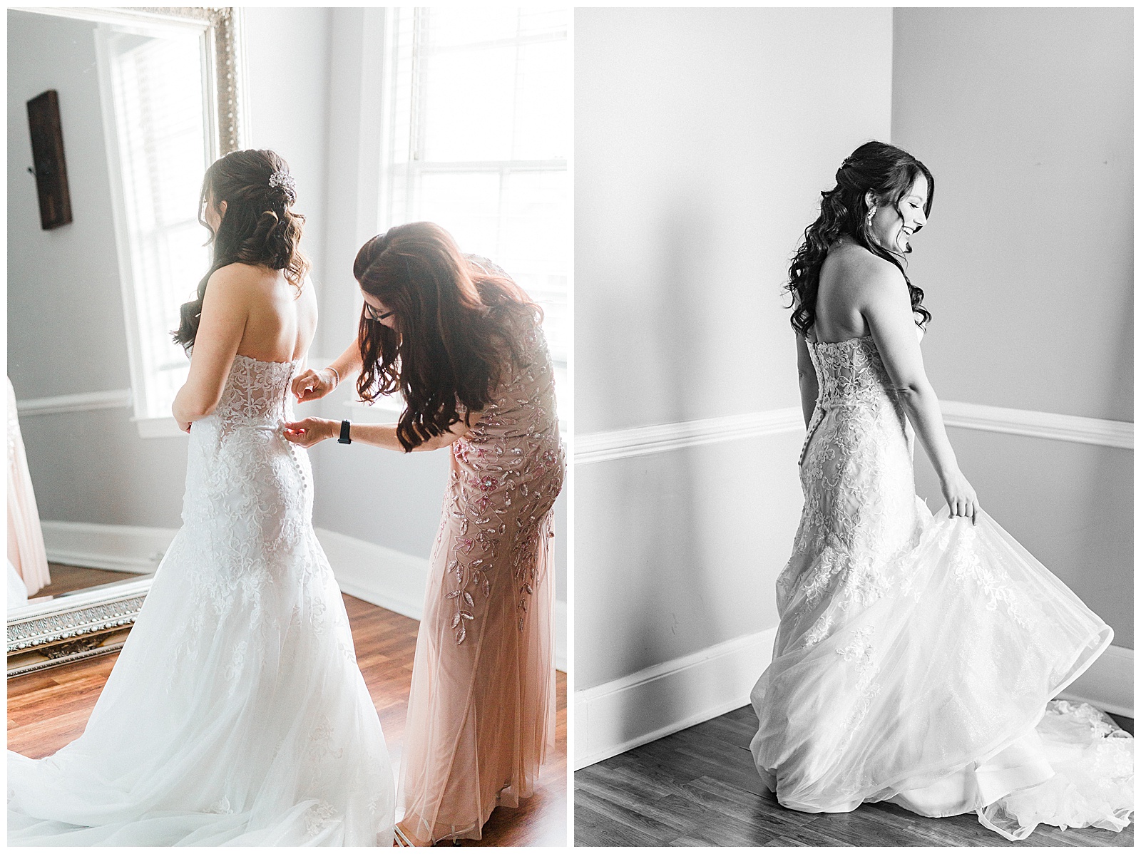 Bride Getting Ready in Lace Wedding Dress from Light and Airy Outdoor Wedding at Separk Mansion in Gastonia, NC | Kevyn Dixon Photography