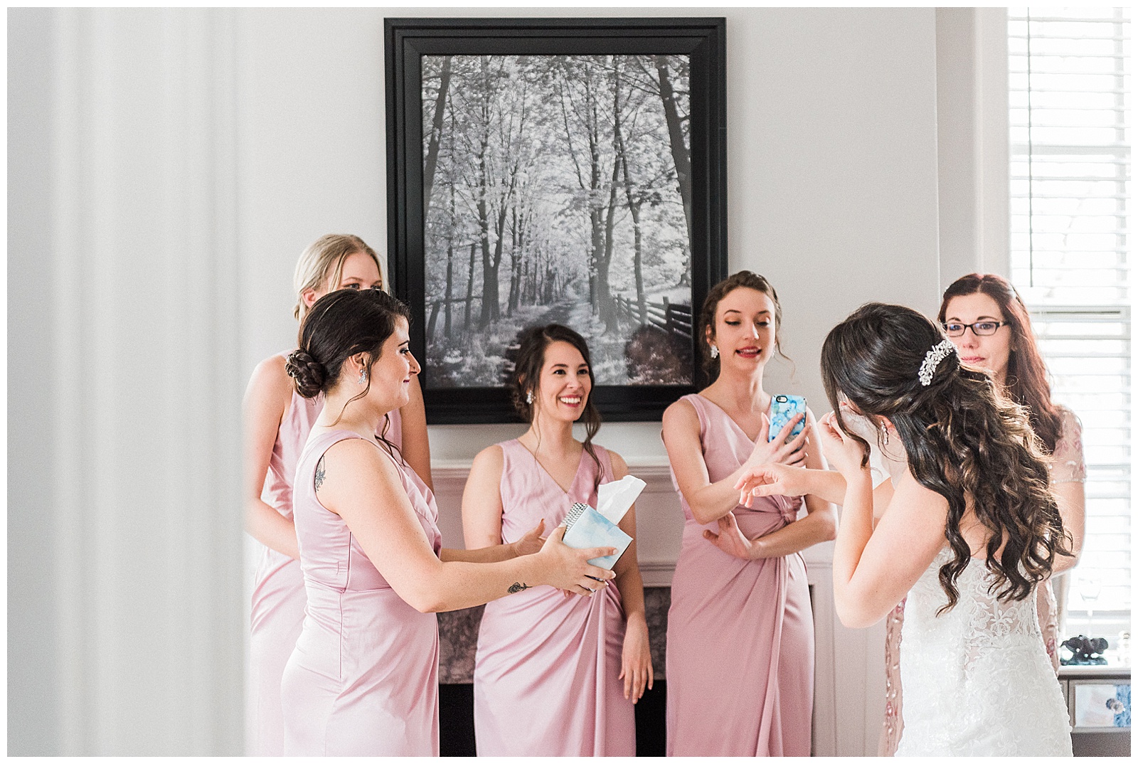 Soft Pink Robe Bridesmaid Bride Tribe Group Photo from Light and Airy Outdoor Wedding at Separk Mansion in Gastonia, NC | Kevyn Dixon Photography