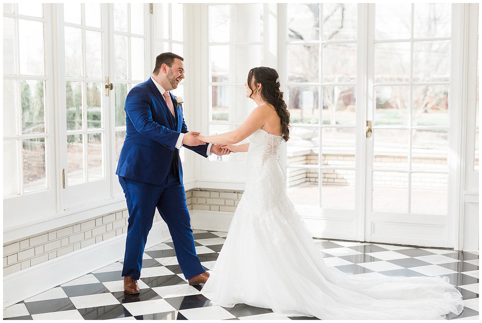 Groom's Adorable First Look of Bride's Lace Wedding Dress from Light and Airy Outdoor Wedding at Separk Mansion in Gastonia, NC | Kevyn Dixon Photography