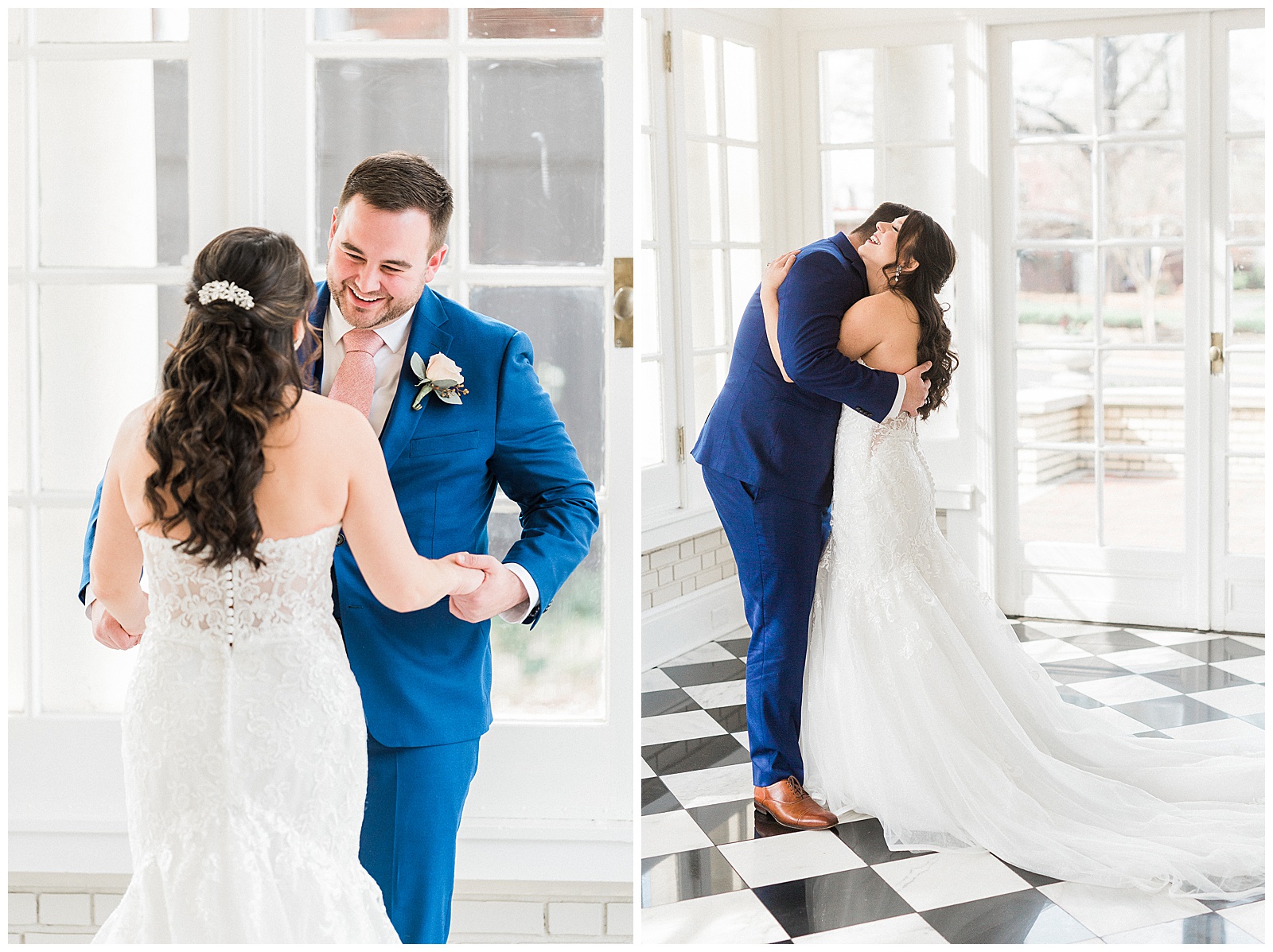 Groom's Adorable First Look of Bride's Lace Wedding Dress from Light and Airy Outdoor Wedding at Separk Mansion in Gastonia, NC | Kevyn Dixon Photography