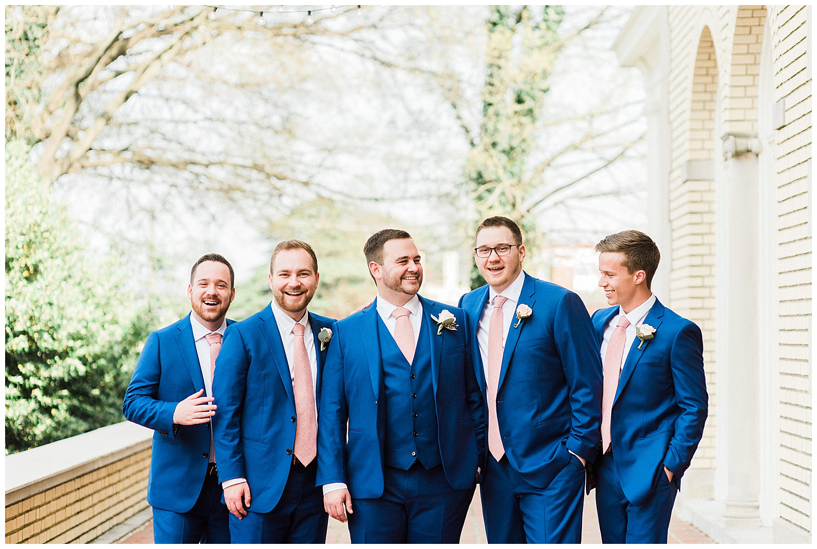 Sharp-Looking Groomsmen Navy Blue Pink Tie Outfit Ideas from Light and Airy Outdoor Wedding at Separk Mansion in Gastonia, NC | Kevyn Dixon Photography