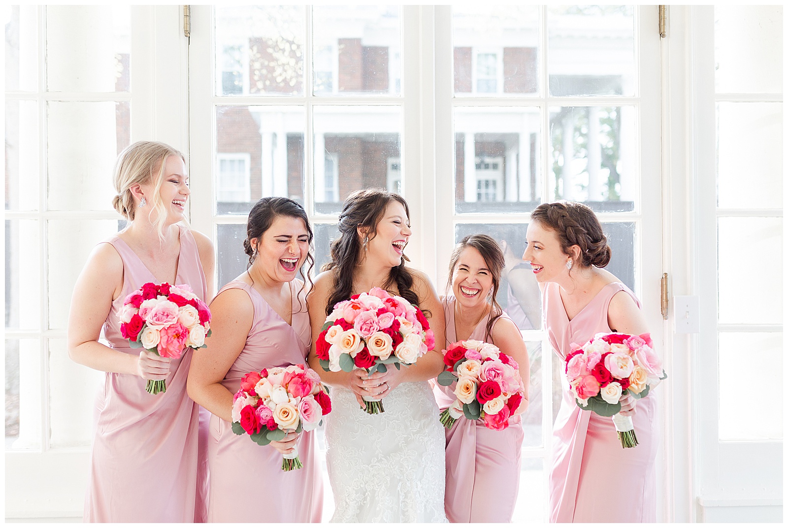 Soft Pink Color Theme Bridesmaid Bride Tribe Group Photo from Light and Airy Outdoor Wedding at Separk Mansion in Gastonia, NC | Kevyn Dixon Photography