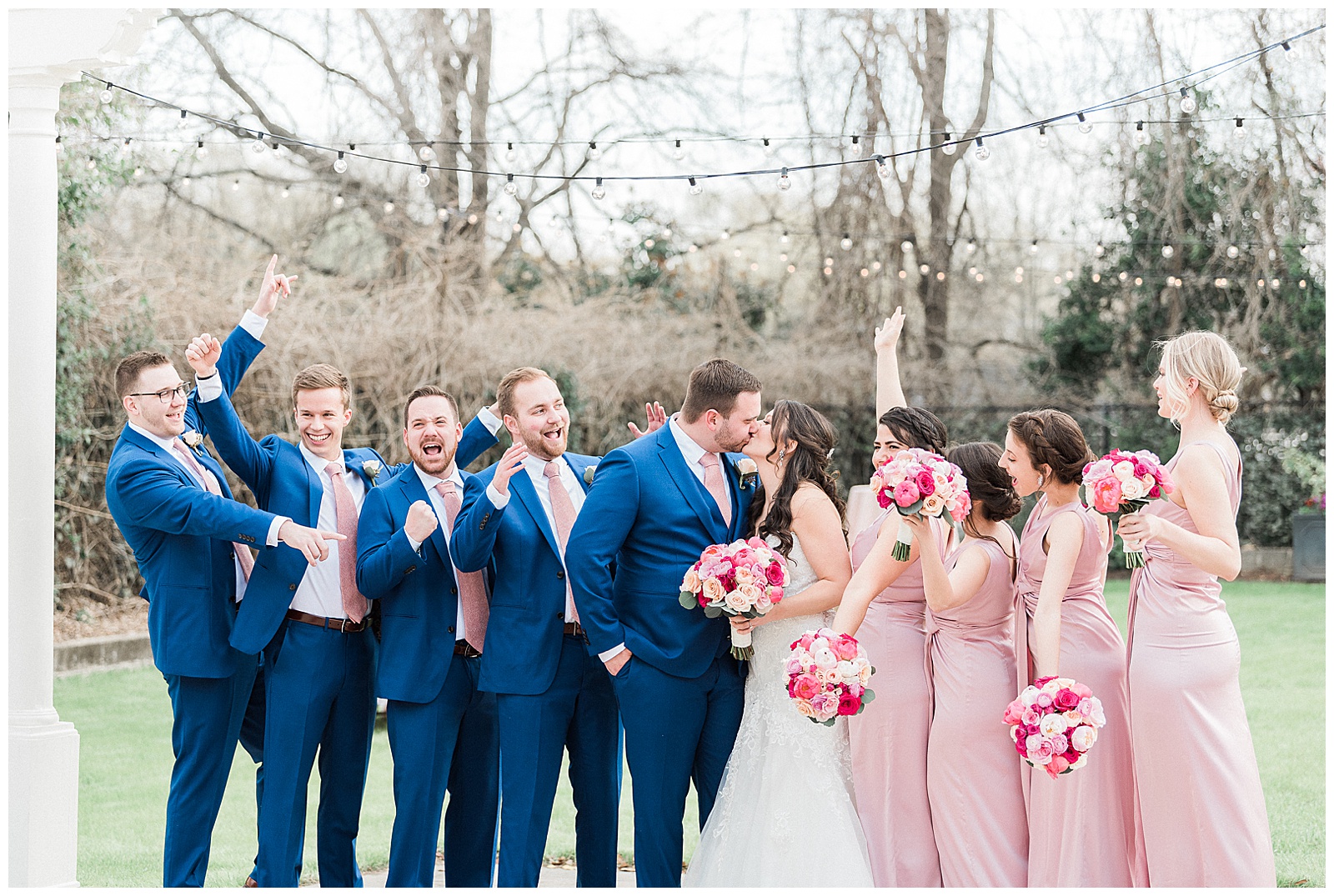 Soft Pink Navy Blue Color Theme Bridesmaid Bride Tribe and Groomsmen Group Photo from Light and Airy Outdoor Wedding at Separk Mansion in Gastonia, NC | Kevyn Dixon Photography