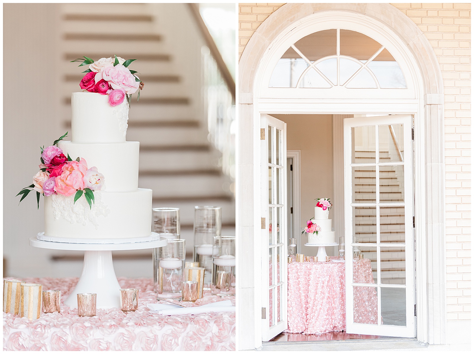 Gorgeous Soft Pink Color Theme Cake from Light and Airy Outdoor Wedding at Separk Mansion in Gastonia, NC | Kevyn Dixon Photography