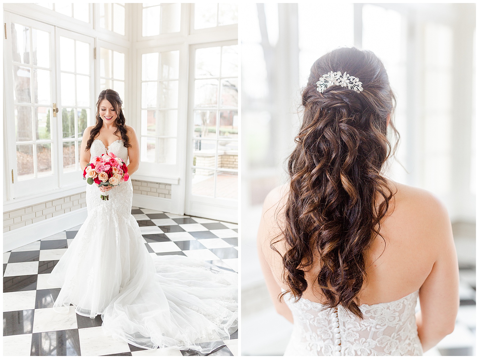 Long Brown Curly Bride Hair Ideas from Light and Airy Outdoor Wedding at Separk Mansion in Gastonia, NC | Kevyn Dixon Photography