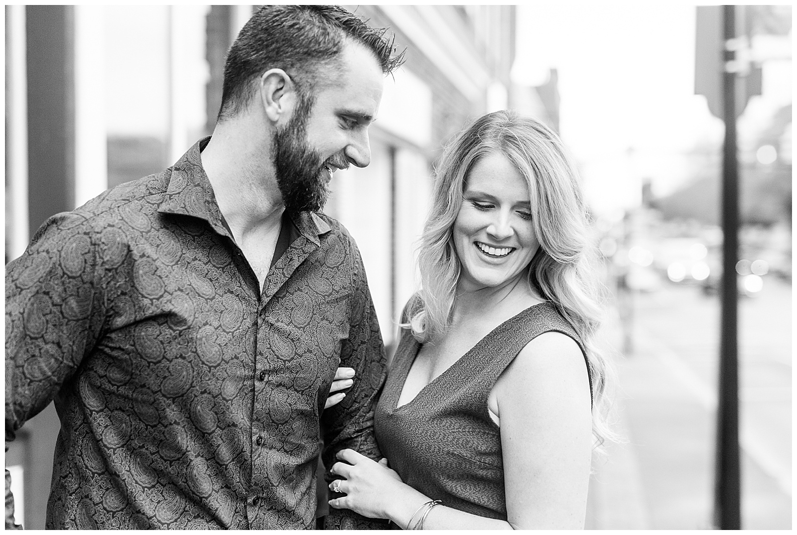 Adorable couple in downtown Waxhaw, NC Engagement Session with Green Dress Outfit Ideas