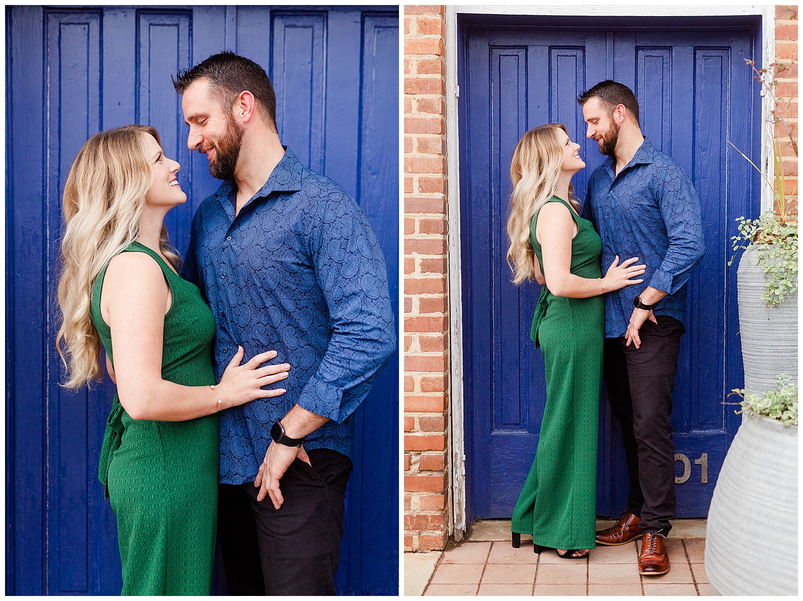 Adorable couple in front of royal blue door in downtown Waxhaw, NC Engagement Session with Green Dress Outfit Ideas
