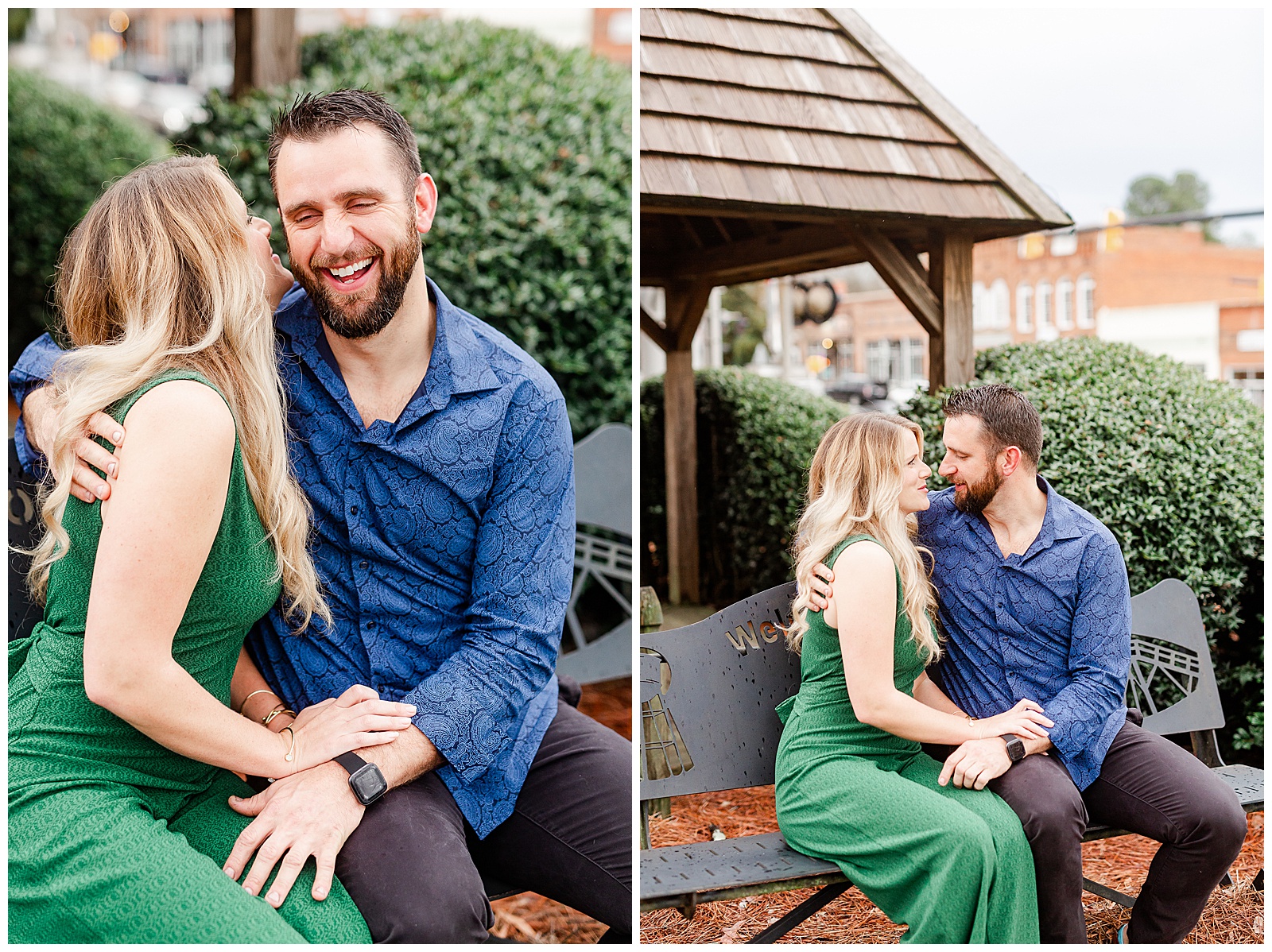 Adorable couple sitting on park bench in downtown Waxhaw, NC Engagement Session with Green Dress Outfit Ideas