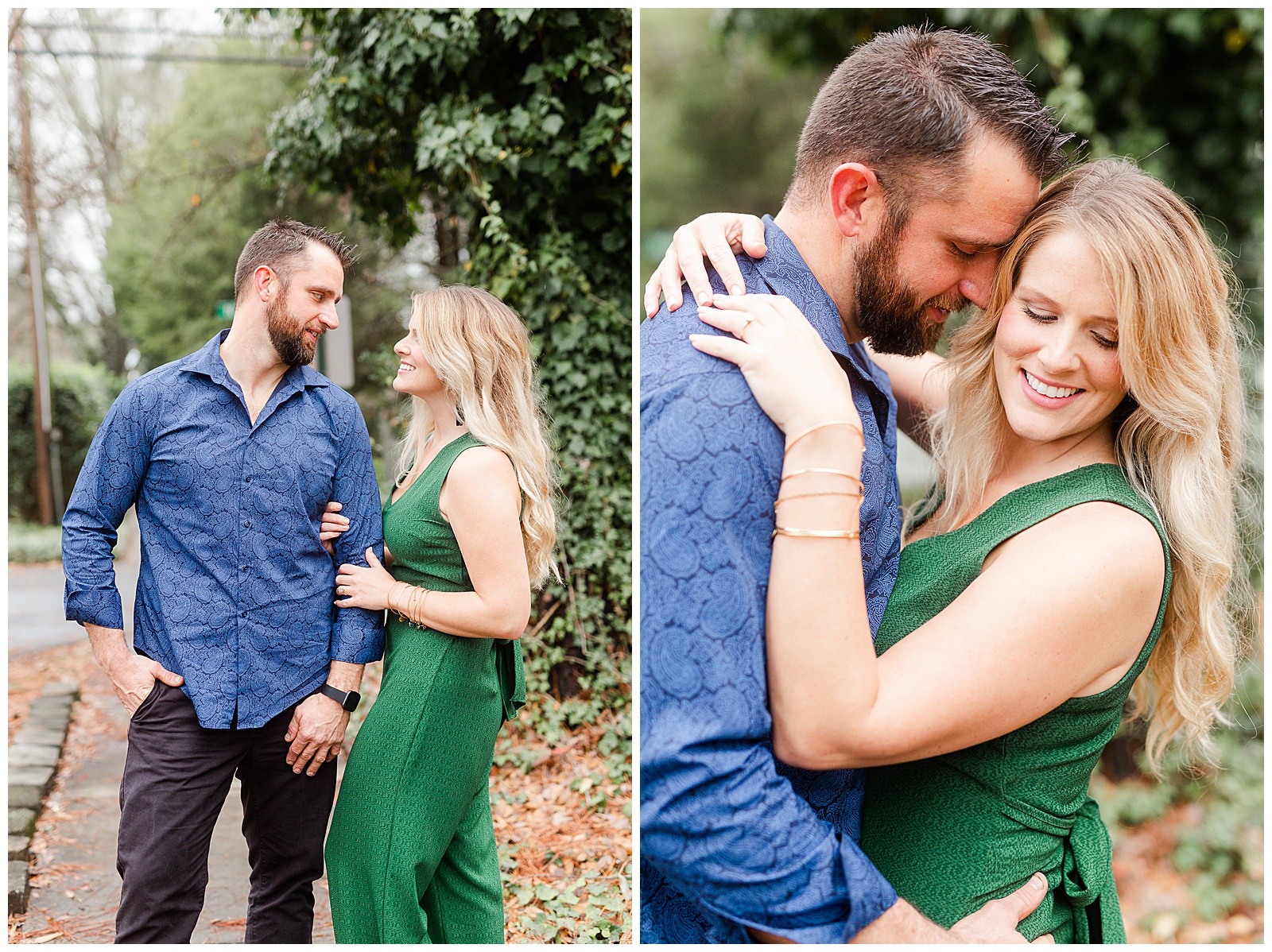 Adorable couple walking through park in downtown Waxhaw, NC Engagement Session with Green Dress Outfit Ideas
