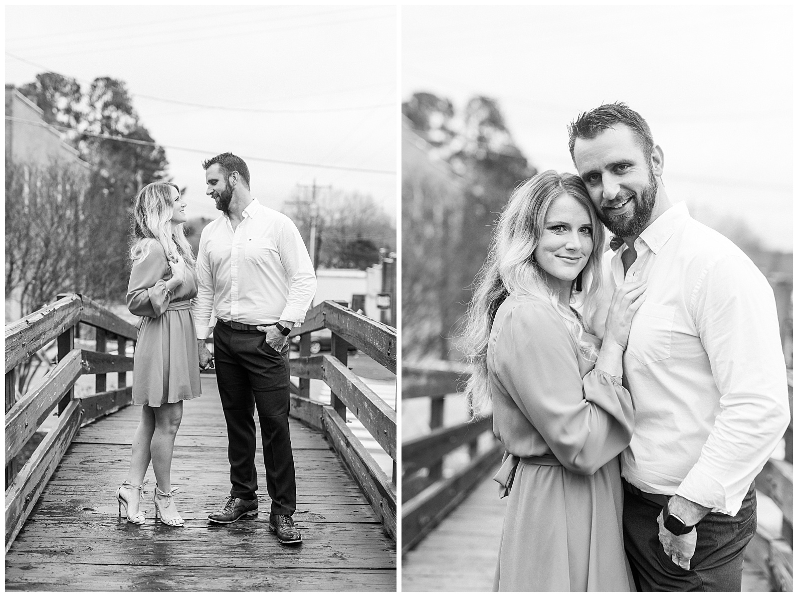Adorable couple walking across wooden bridge in downtown Waxhaw, NC Engagement Session with Bright Hot Pink Dress Outfit Ideas