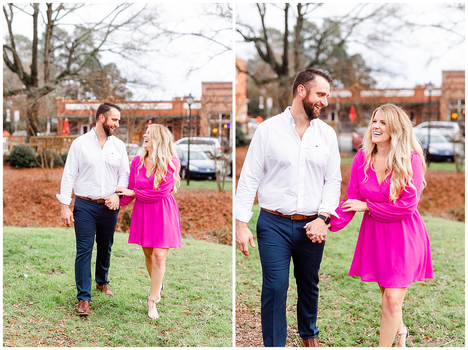Adorable couple walking in front of train tracks in downtown Waxhaw, NC Engagement Session with Bright Hot Pink Dress Outfit Ideas