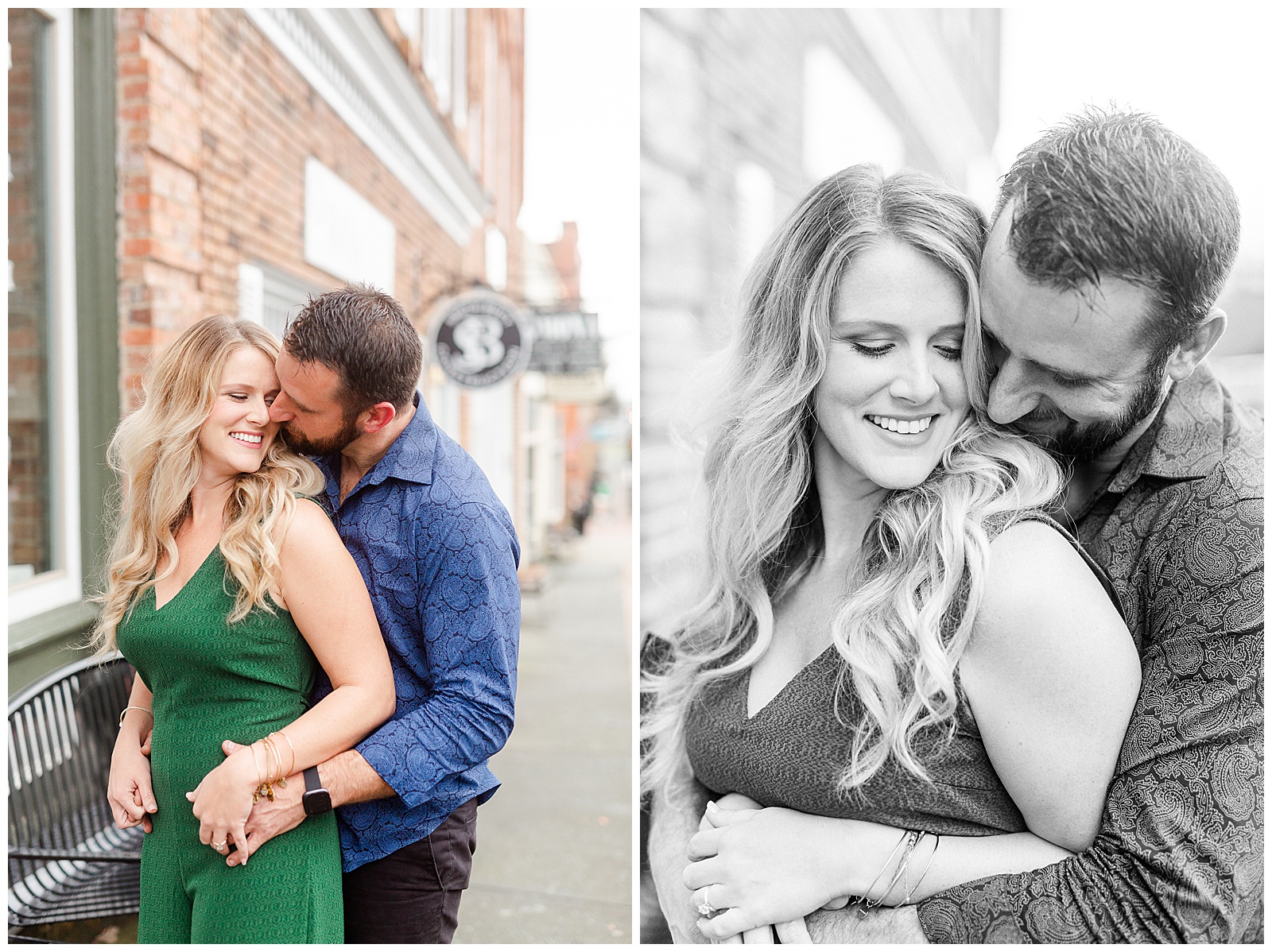 Adorable couple in downtown Waxhaw, NC Engagement Session with Green Dress Outfit Ideas