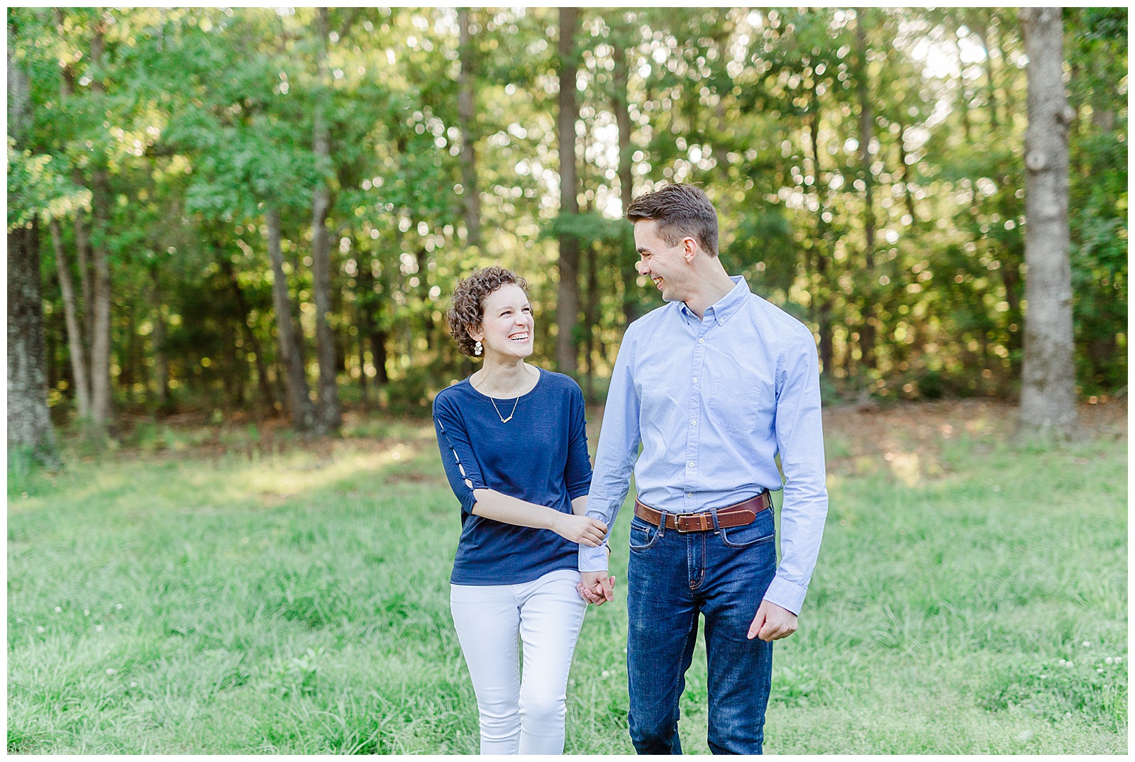 Golden Hour Outdoor Engagement Session with Classy Blue Shirt White Jeans Outfit Ideas in Charlotte, NC by Kevyn Dixon Photography