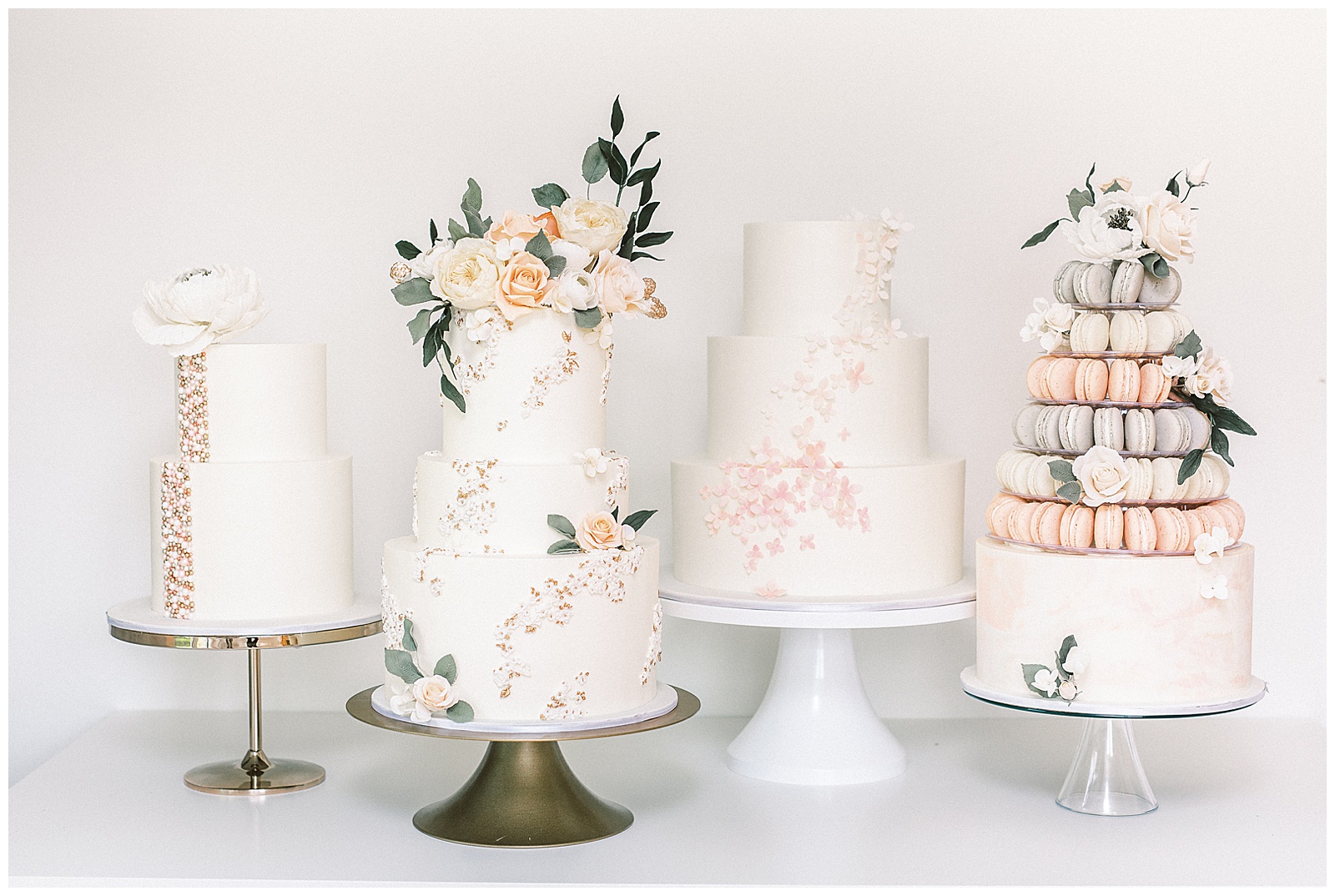 Delish Cakery Brand and Food Photography of Sugar Flower Tiered Fondant White Wedding Cakes