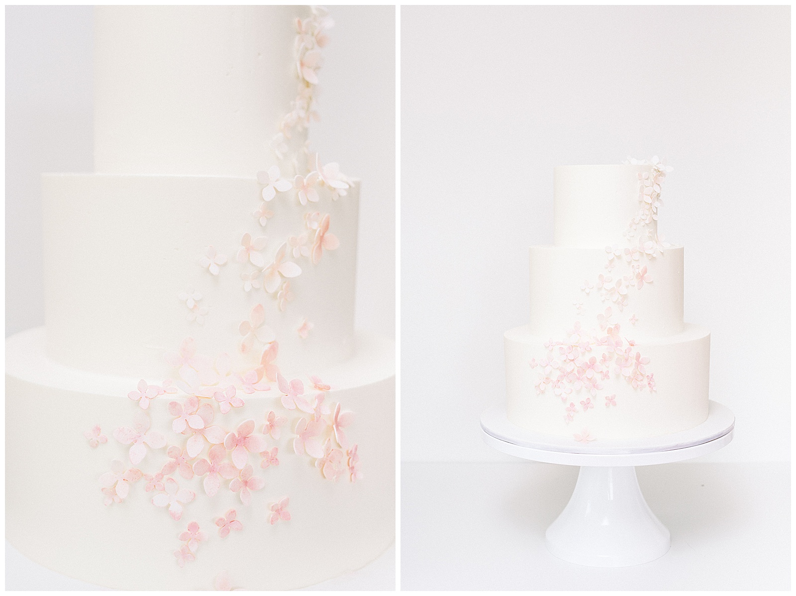 Delish Cakery Brand and Food Photography of Tiered Pink Flower Petal White Wedding Cake