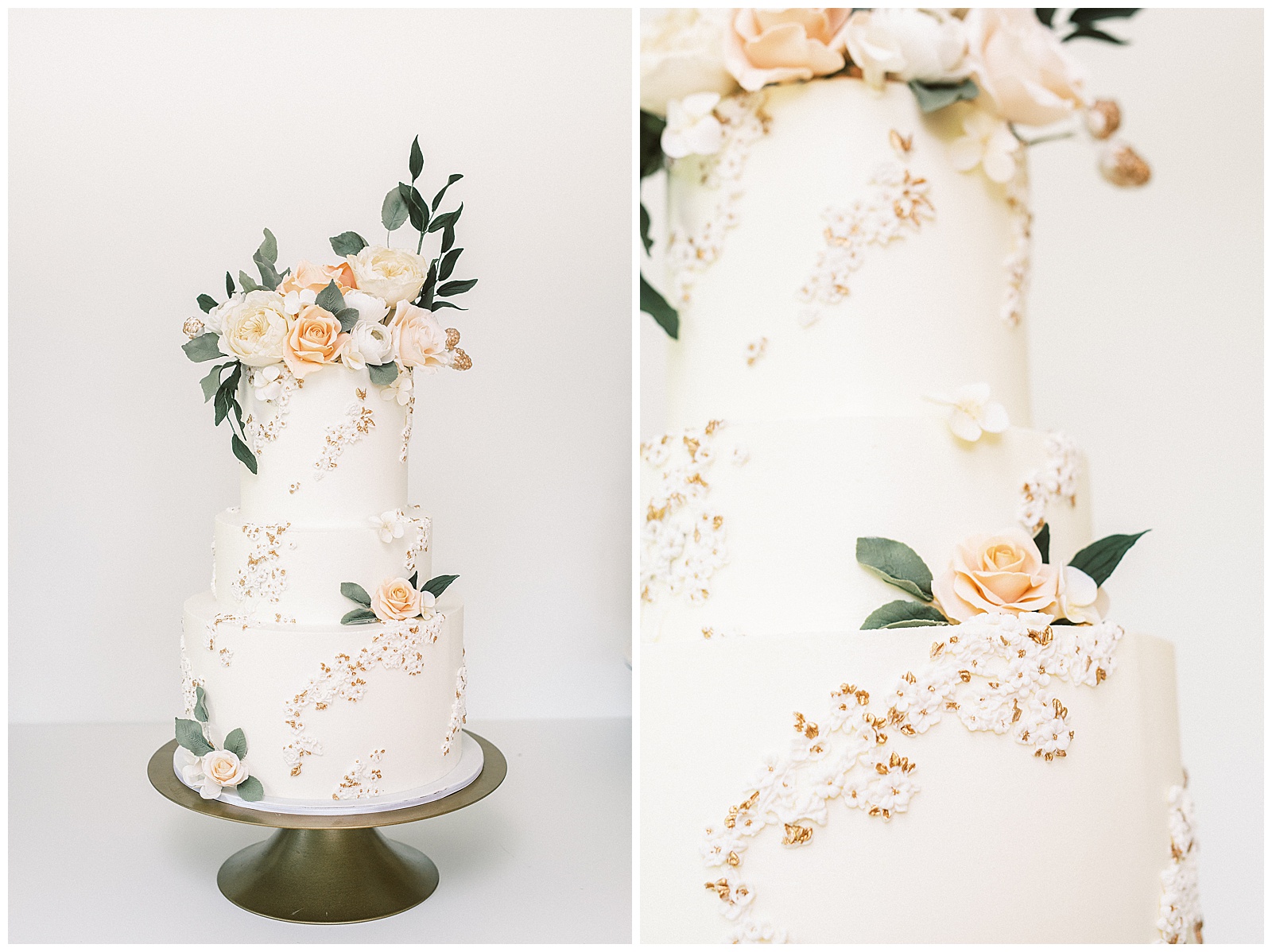 Delish Cakery Brand and Food Photography of Sugar Flower Tiered Fondant White Wedding Cake