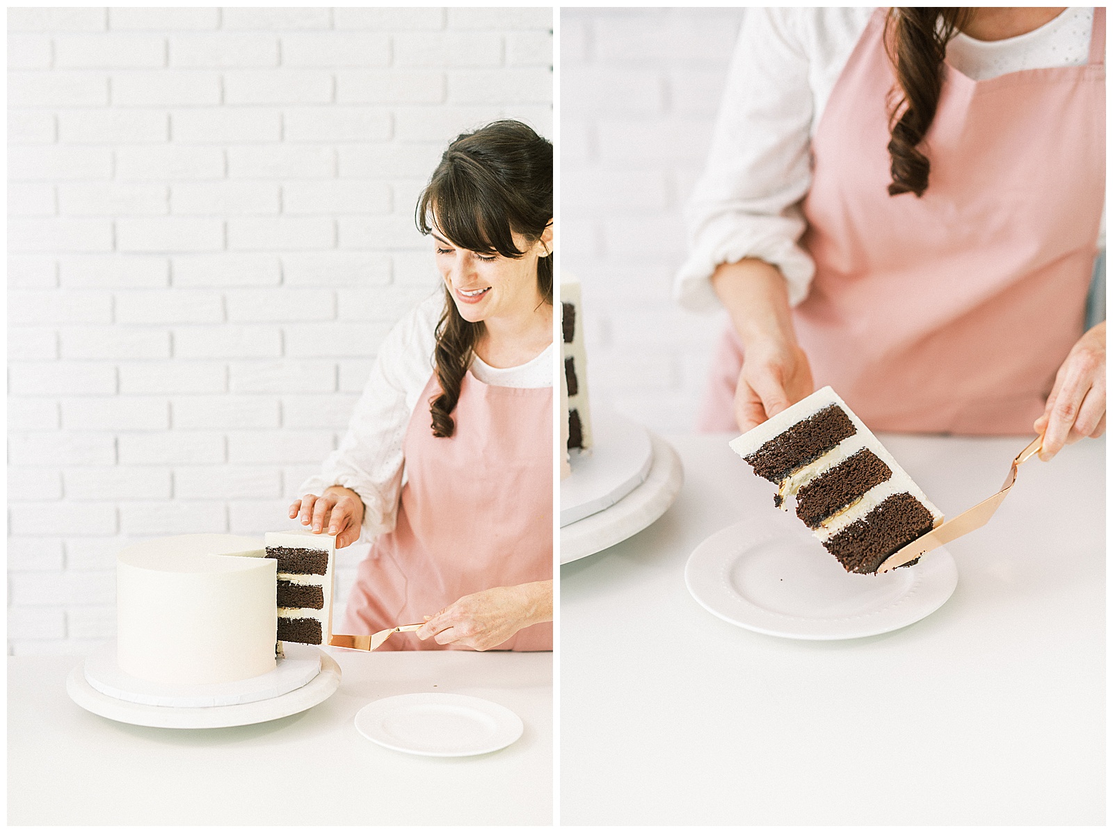 Charlotte NC Wedding Cake Designer Aryn Keogh Cutting Chocolate Cake
