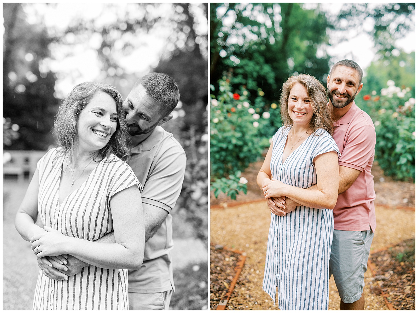 Couple Engagement Session in Gardens at Duke Mansion Garden with Blue Pinstripe Summer Dress