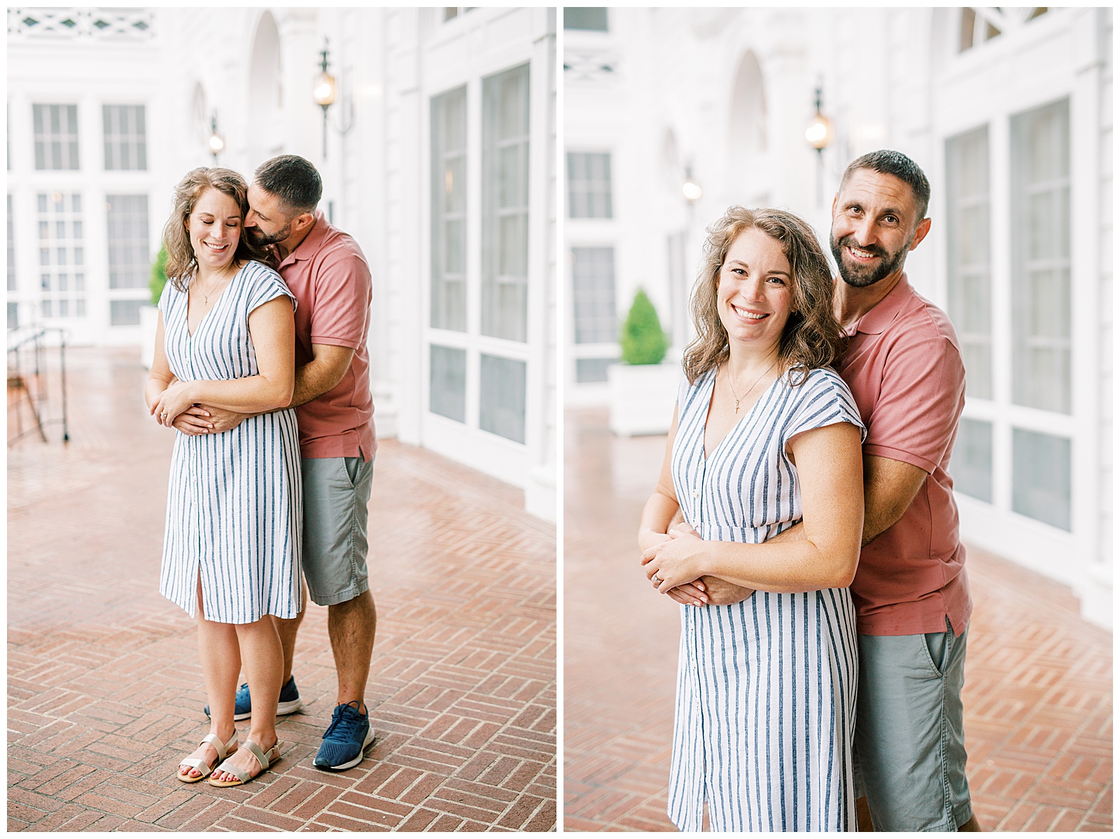 Couple Engagement Session at Duke Mansion Garden with Blue Pinstripe Summer Dress