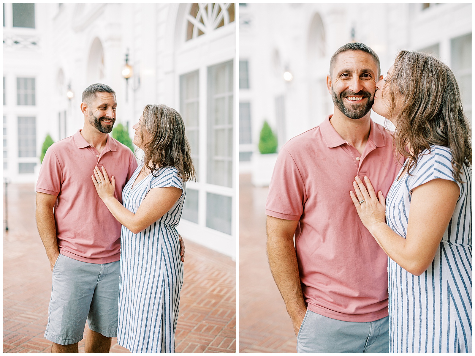 Couple Engagement Session at Duke Mansion Garden with Blue Pinstripe Summer Dress