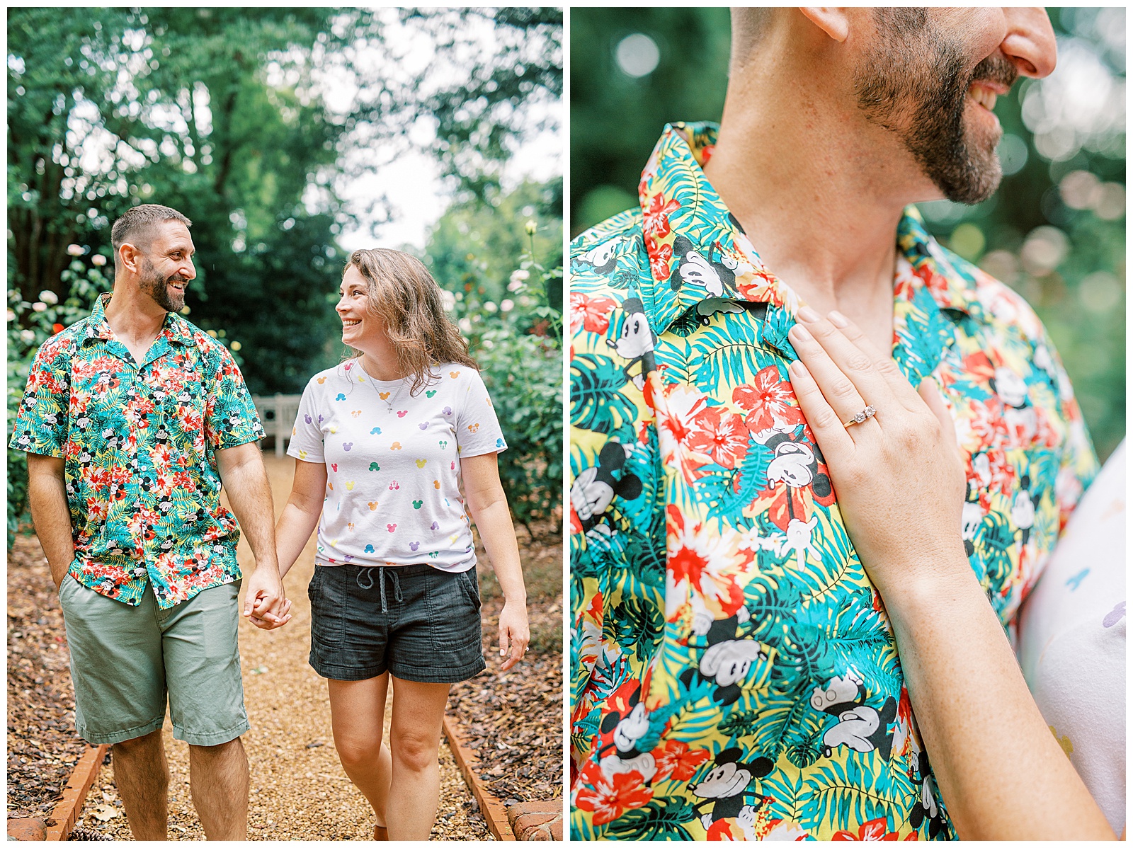 Disney T-shirt Outfit for Family Photoshoot at Duke Mansion Gardens in North Carolina Engagement Session