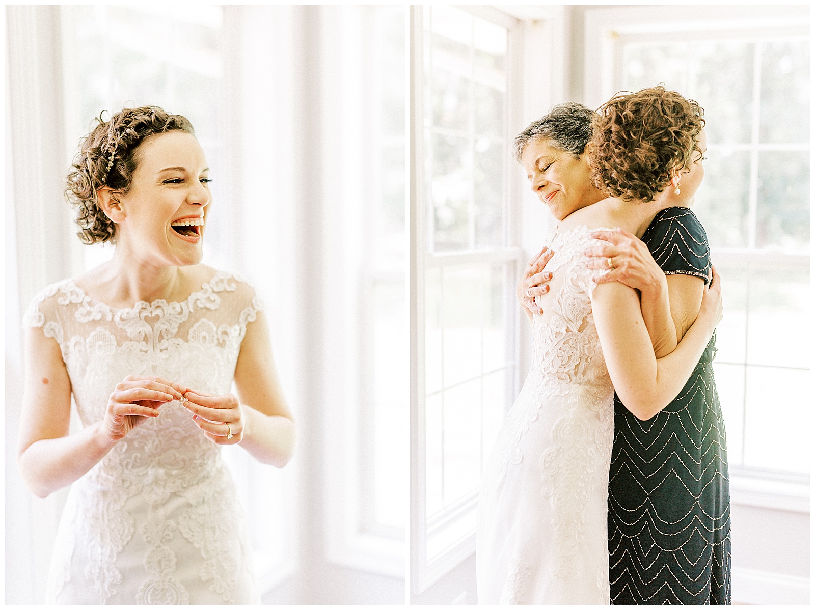 curly short haired bride getting ready in light and airy glass window bridal suite
