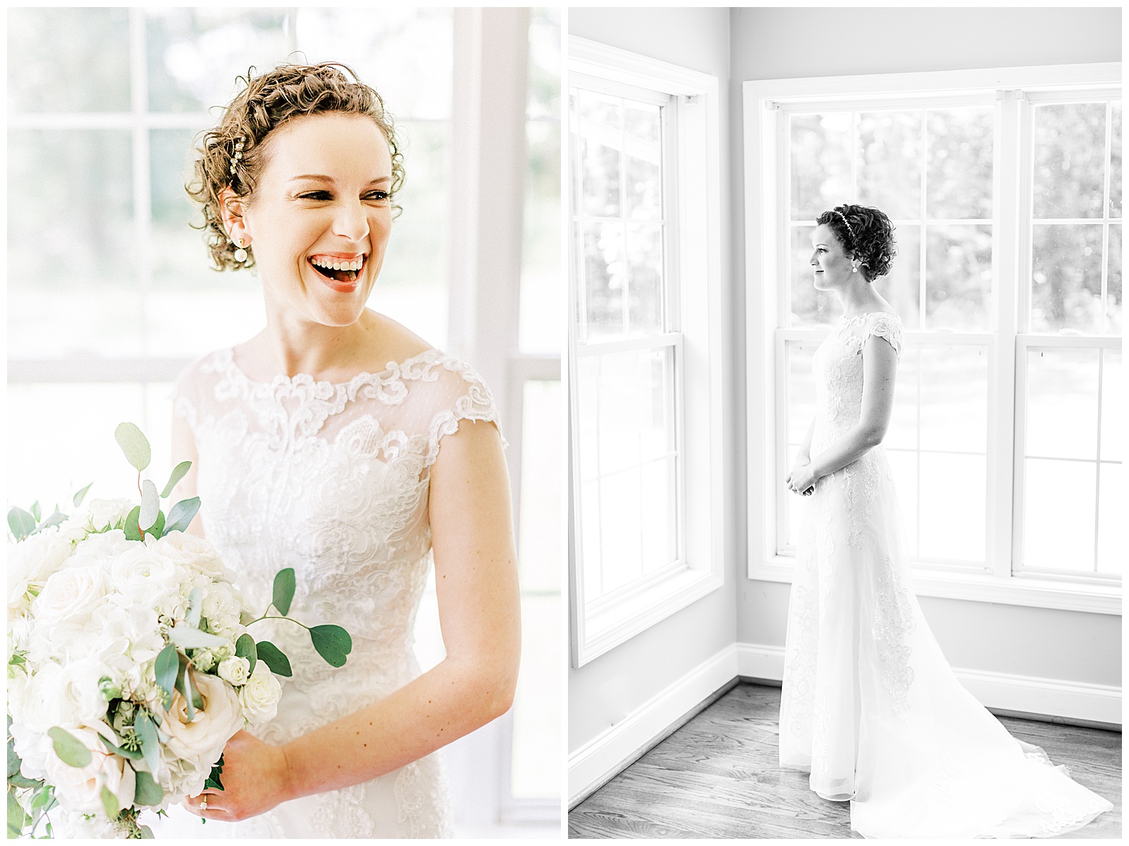 curly short haired bride getting ready in light and airy glass window bridal suite