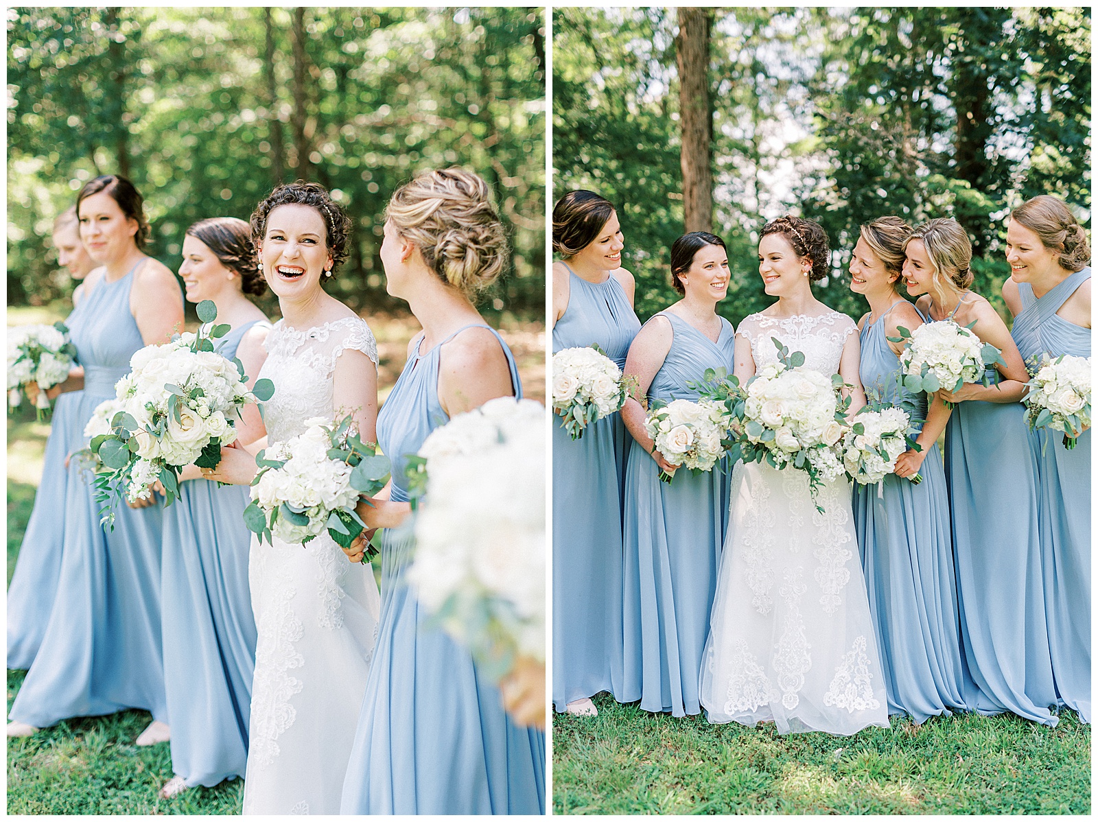 dusty blue bridesmaid bride tribe with white flower bouquet summer outdoor group photo