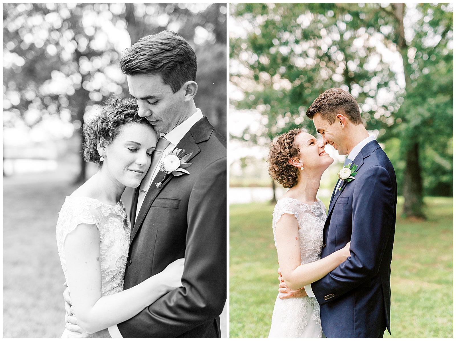 outside bride groom wedding day portraits curly short haired bride with lace wedding dress and navy blue suit groom