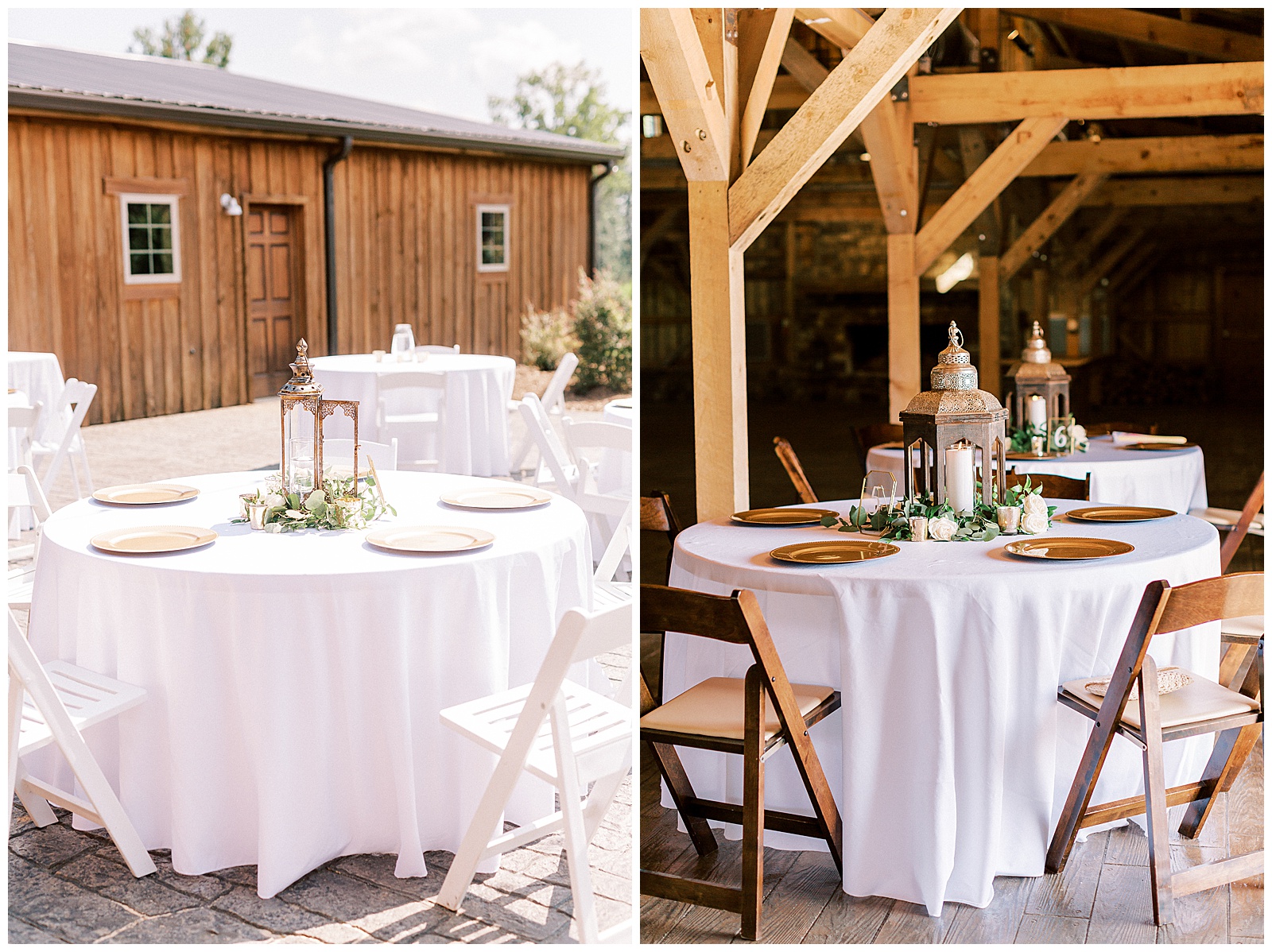wedding day reception tables with white tablecloths and minimalist lantern centerpiece at wooden barn venue location outdoor indoor