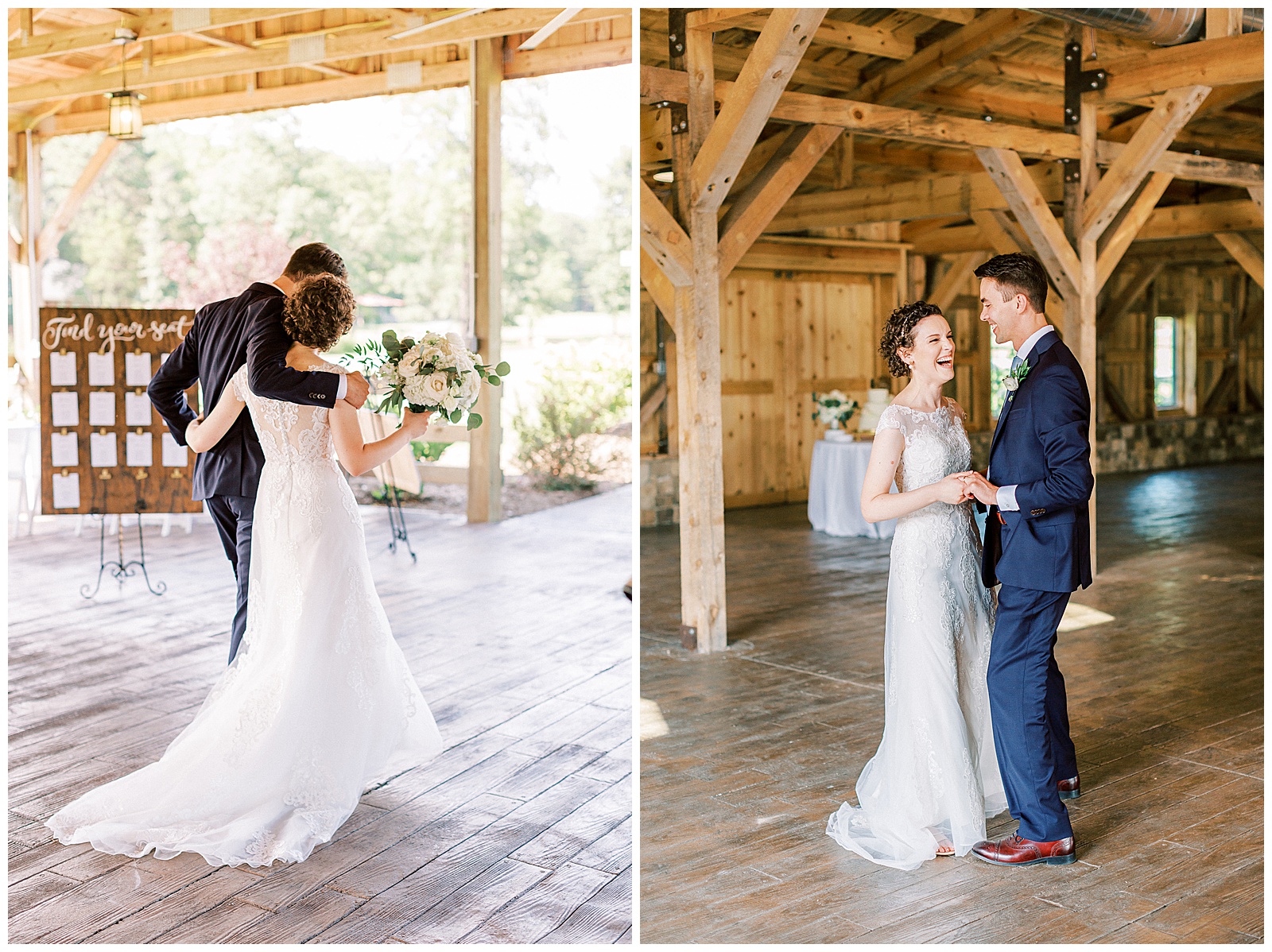 bride and groom first dance in huge open wooden barn venue