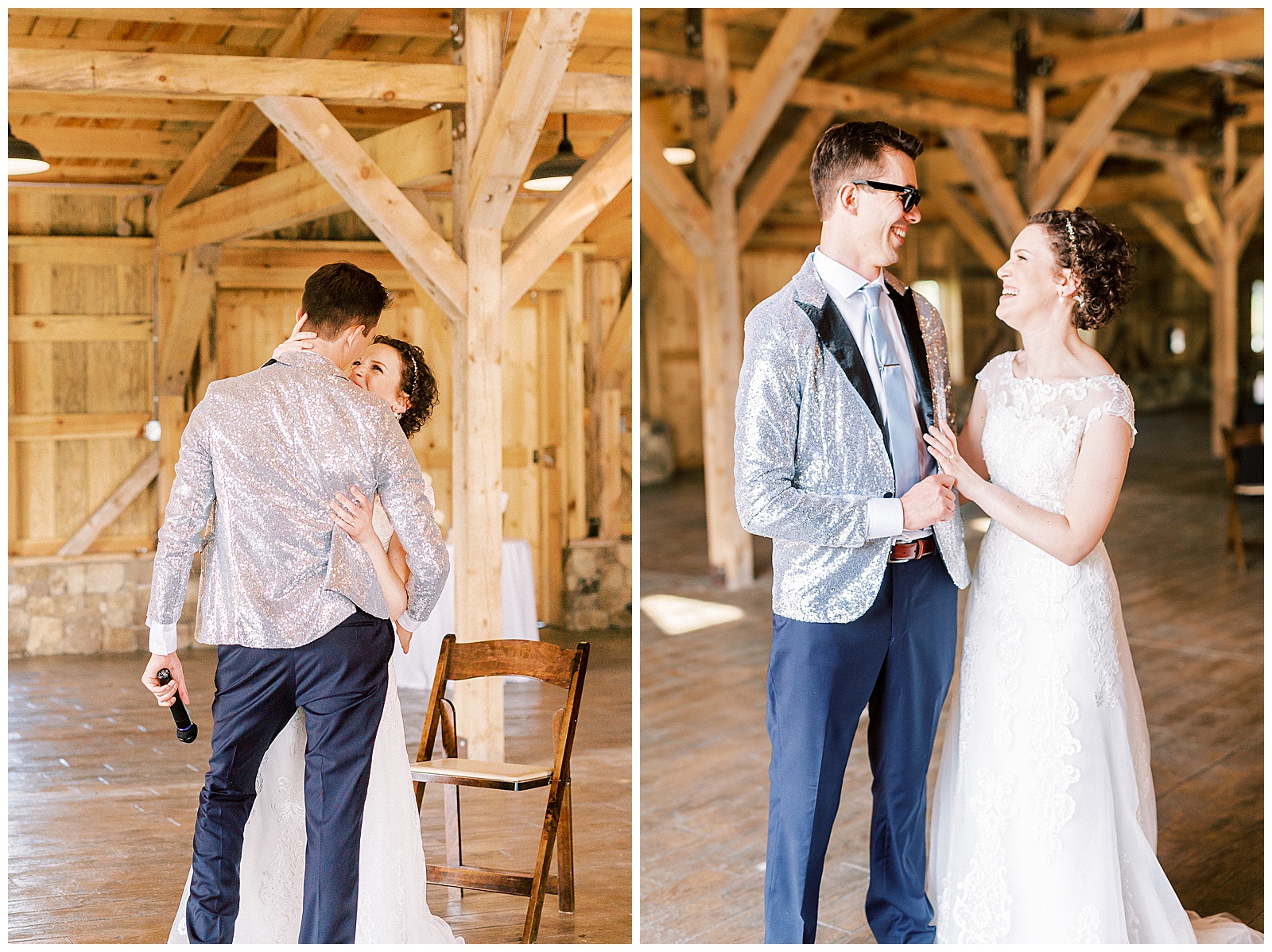 groom performs hilarious surprise song for bride in wooden open barn wedding venue