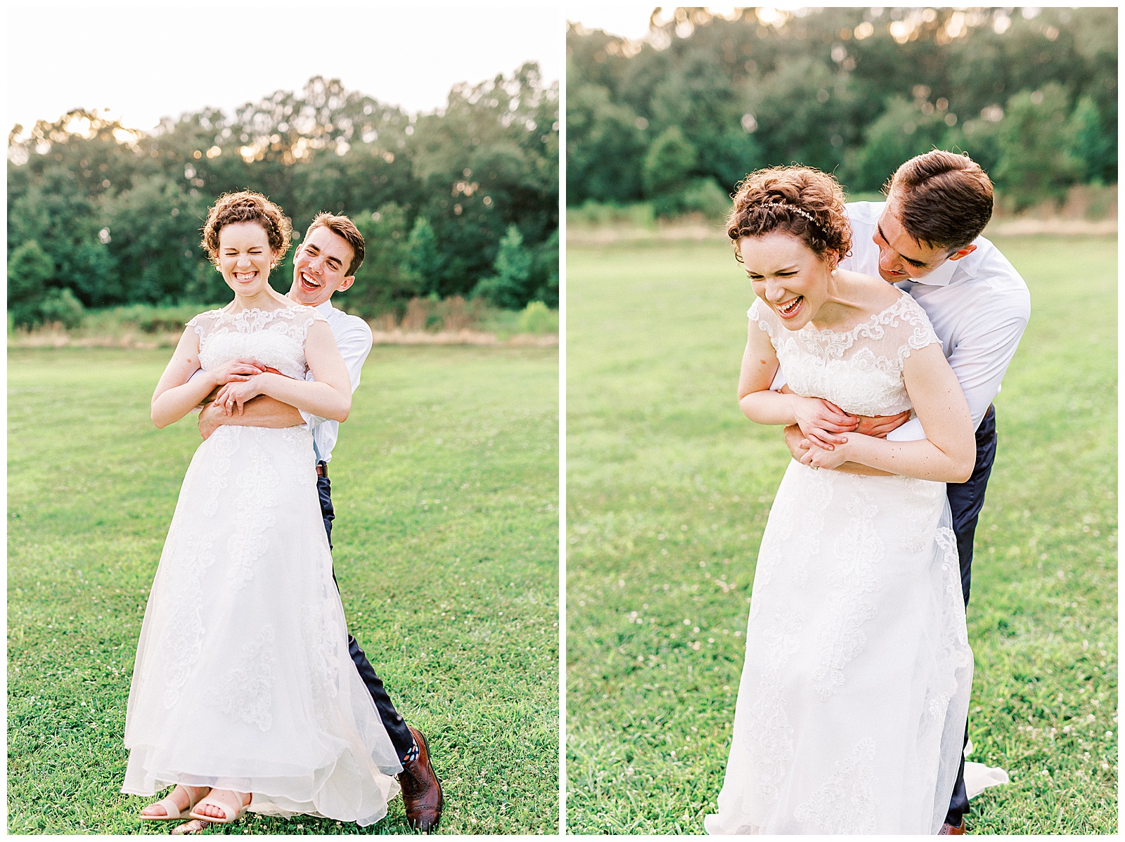 summer sunset in field wedding day bride groom portraits with curly short haired bride with lace wedding dress and navy blue suit groom