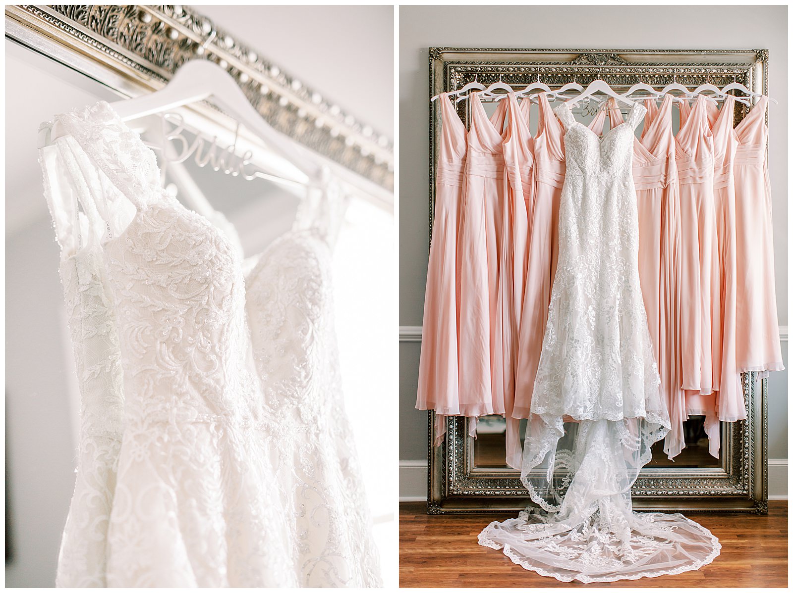 lace wedding dress with blush pink bridesmaid gowns on tall antique mirror