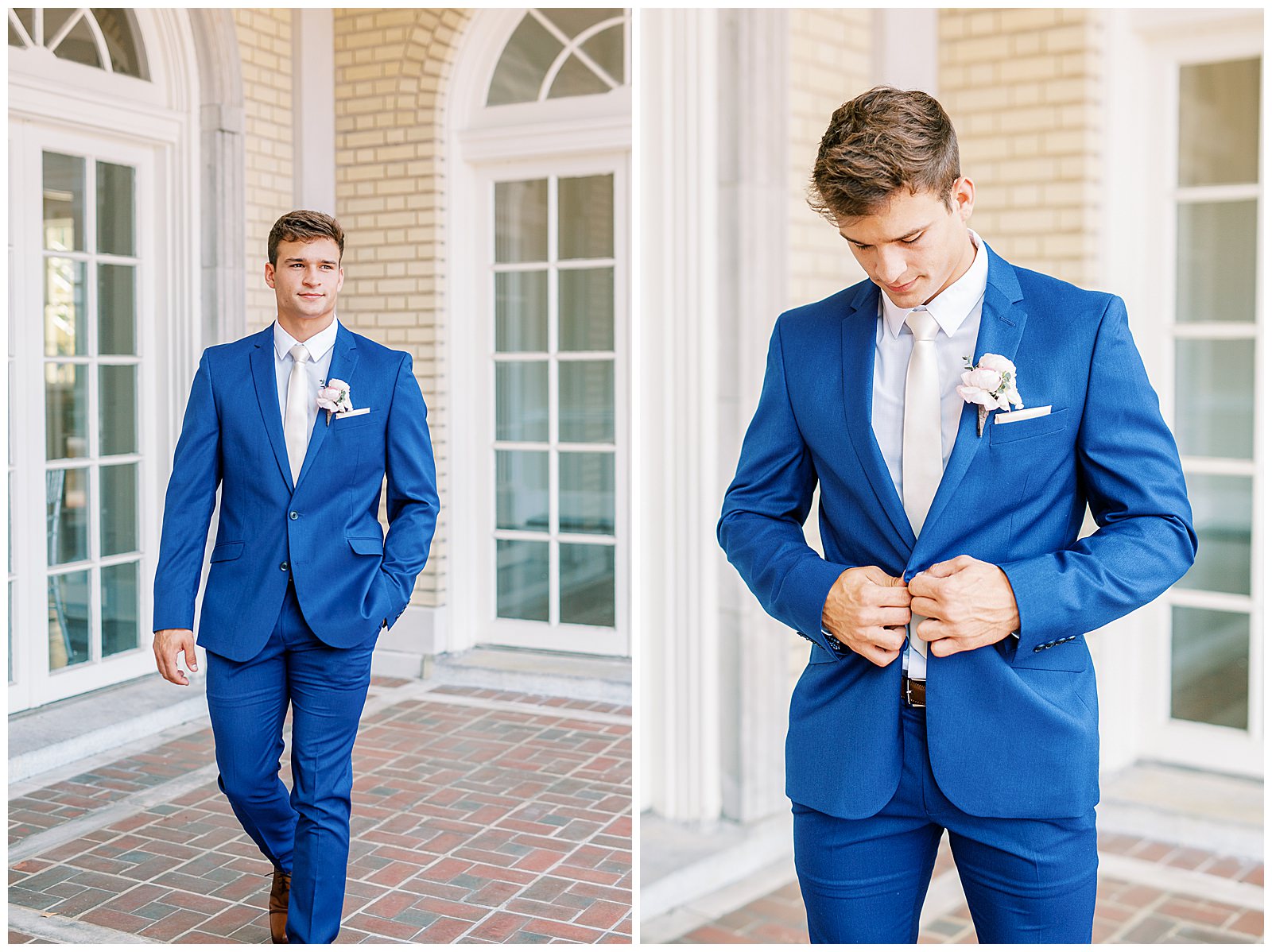 dapper navy royal blue groomsmen style with pink ties outdoor groom portrait