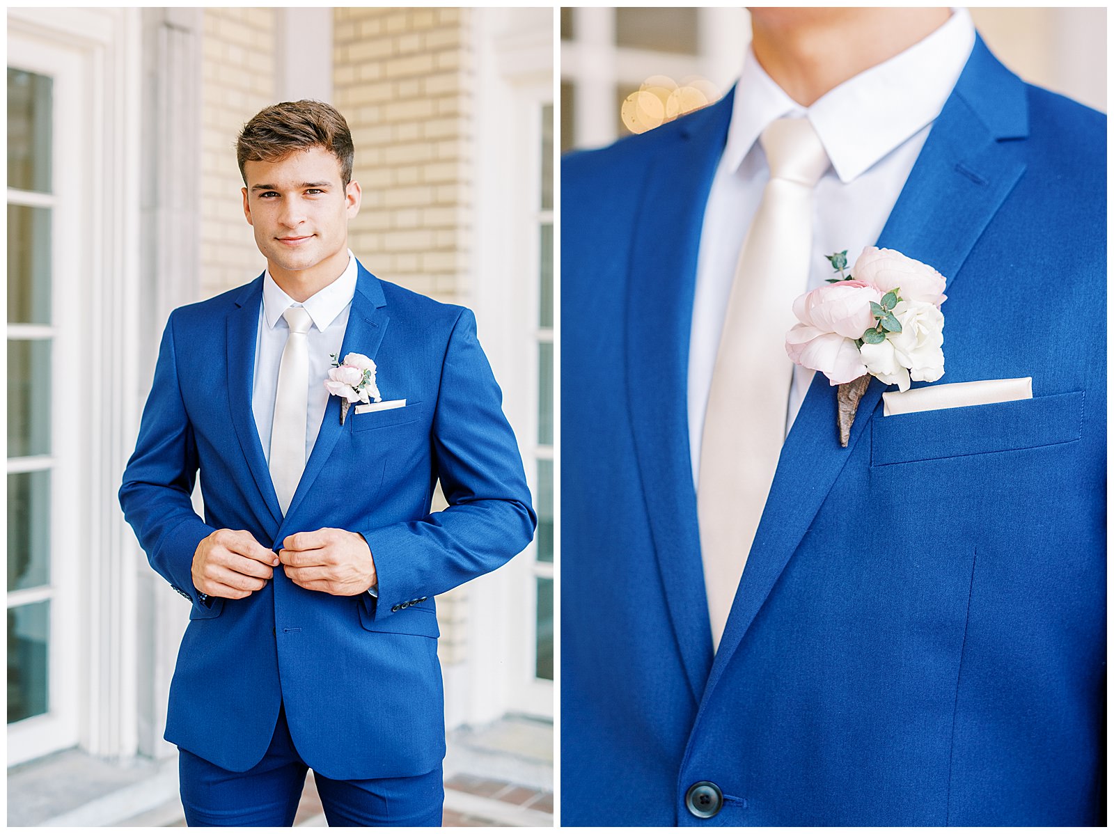 dapper navy royal blue groomsmen style with pink ties outdoor groom portrait