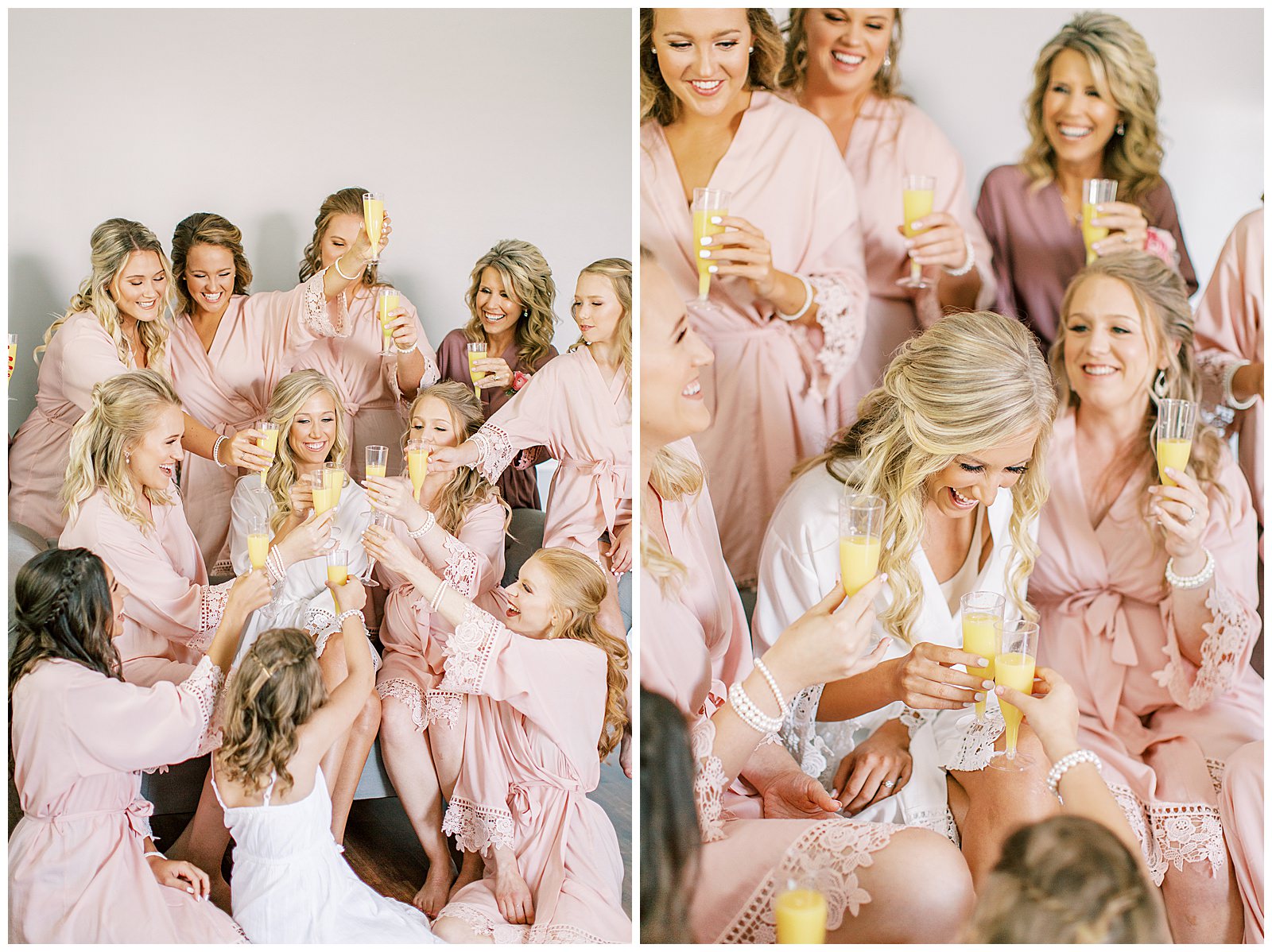 bridesmaid champagne toast in blush pink mauve robes grouped around beaming blonde bride
