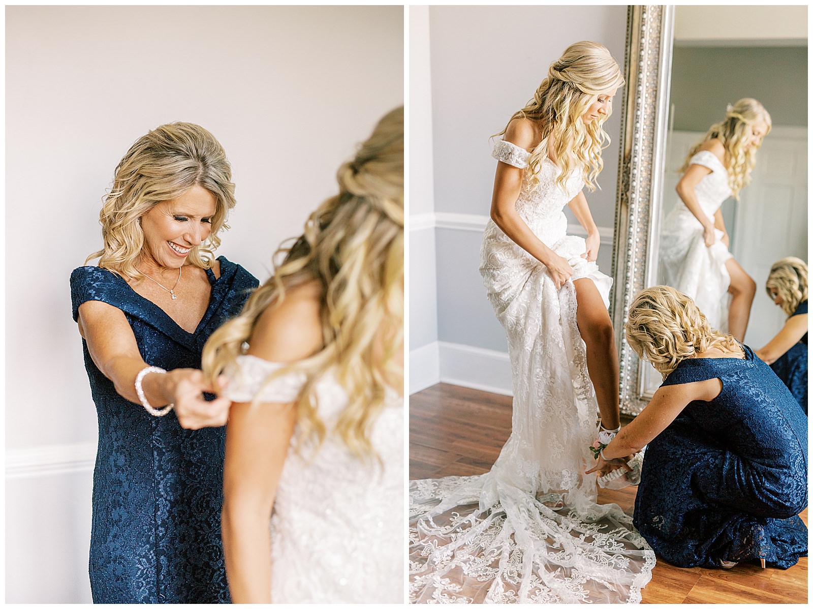 blonde haired bride getting into lace wedding dress in separk mansion bridal suite getting ready room