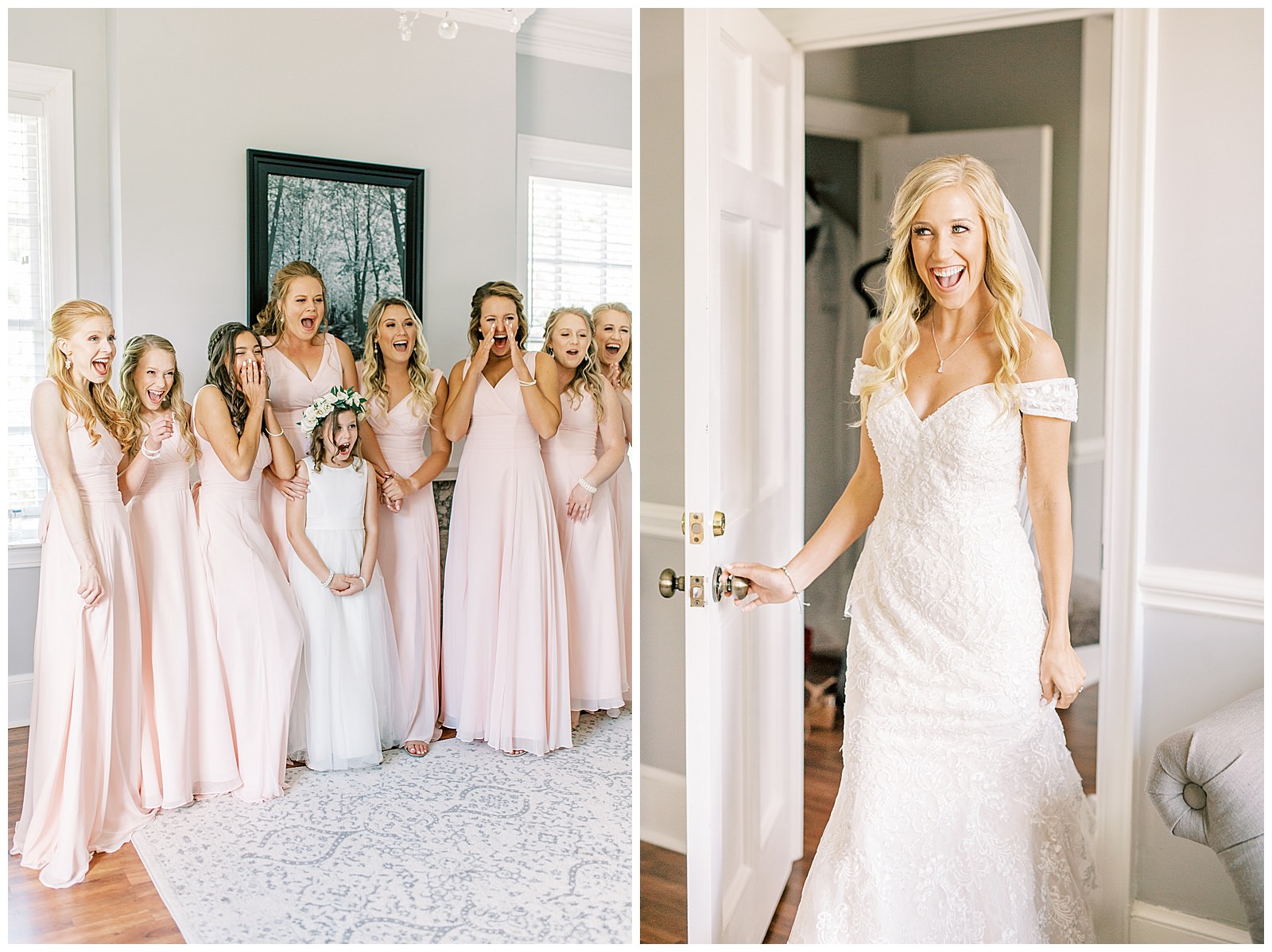 blonde haired bride surprises bridesmaid with lace wedding dress first look