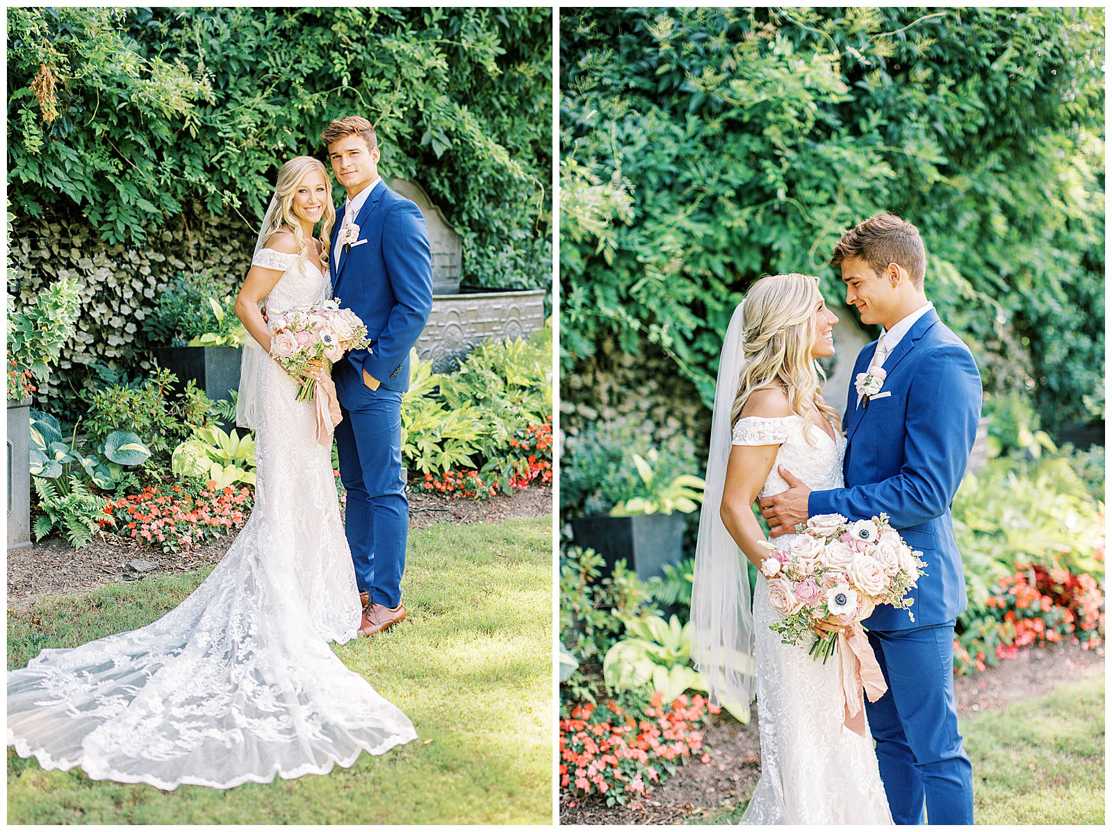 portraits of royal blue suited groom and blonde haired bride in separk mansion garden