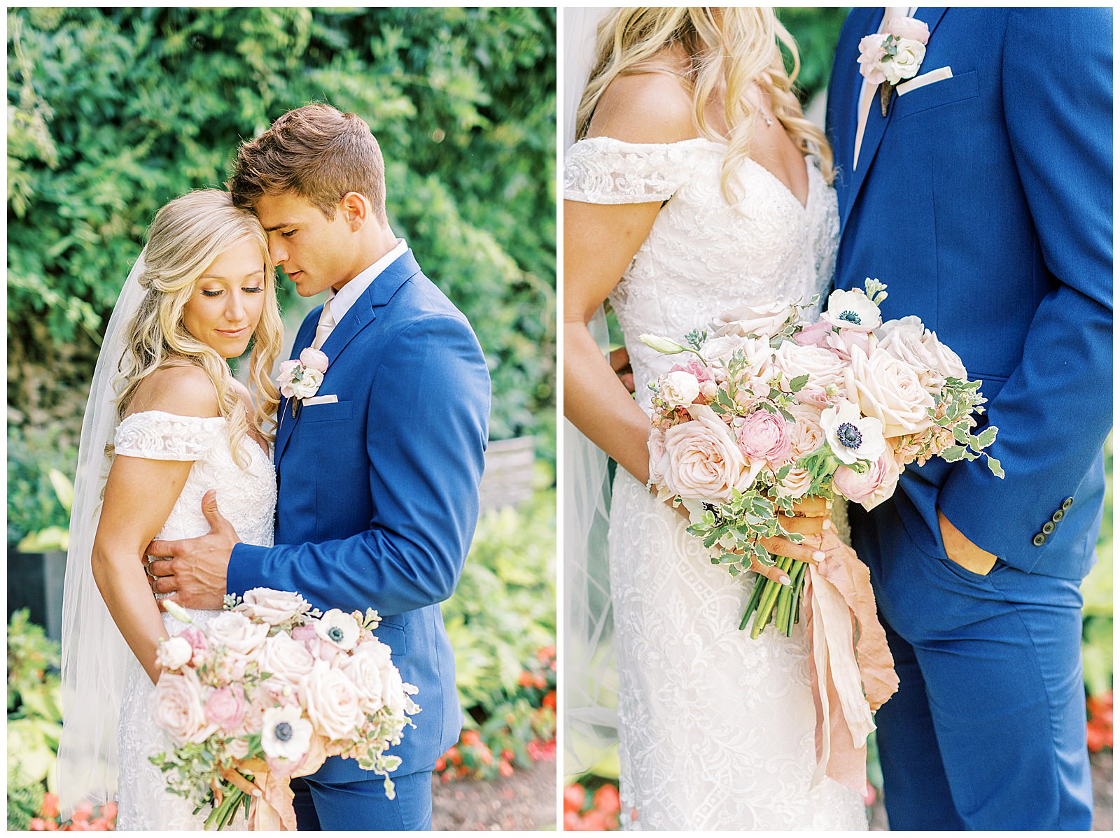 portraits of royal blue suited groom and blonde haired bride in separk mansion garden
