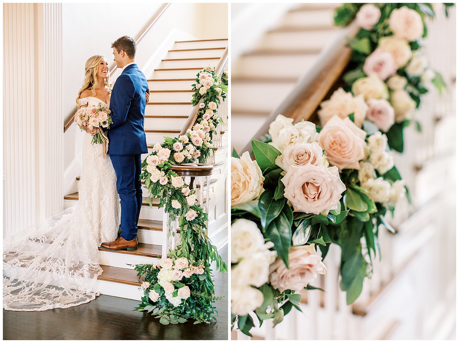 portraits of royal blue suited groom and blonde haired bride on separk mansion grand staircase