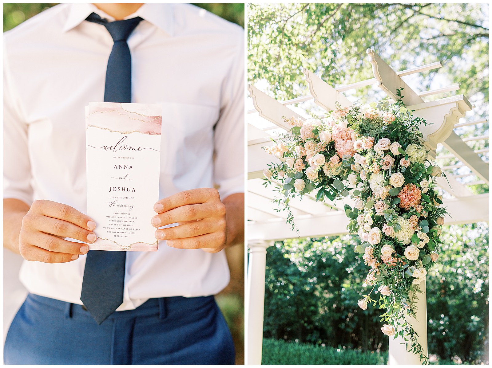 floral wedding arch and guy guest holding invitation
